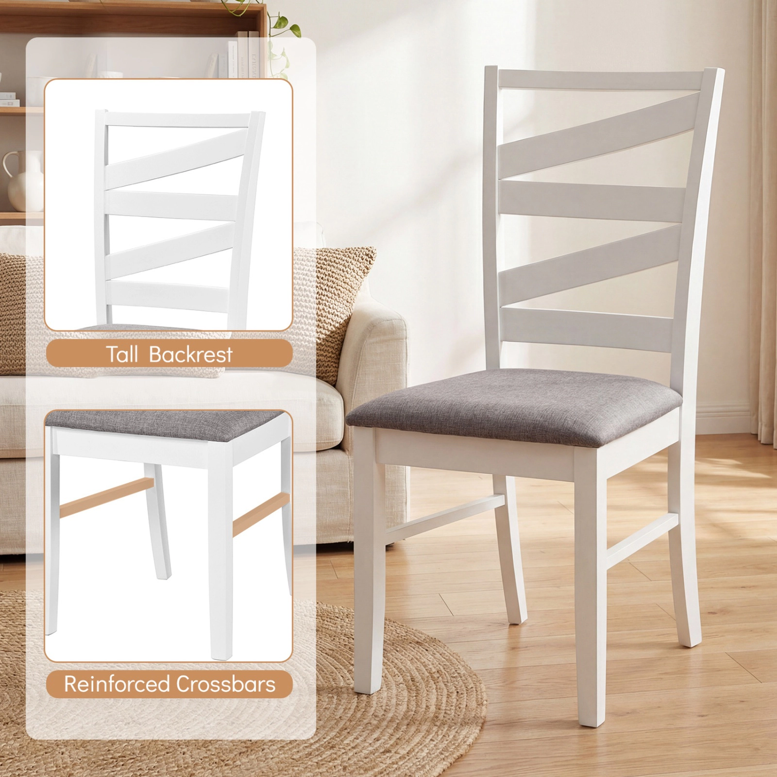 SUGIFT Set of 2 Brown Linen Farmhouse Dining Chairs, Tall Back, Padded Seat