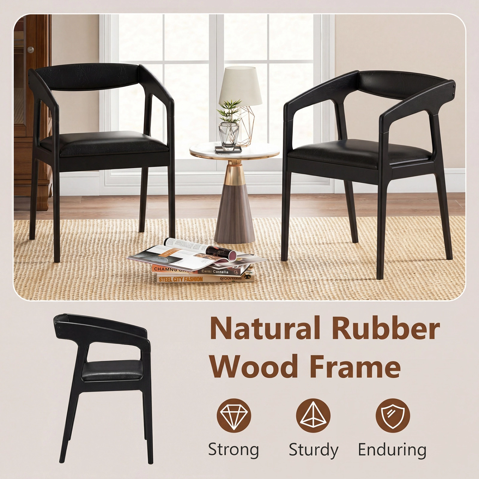 SUGIFT Ergonomic Upholstered Dining Armchairs Set of 2 with Padded Seat Cushion 265-Lb Capacity 21-in Tall Brown & Black