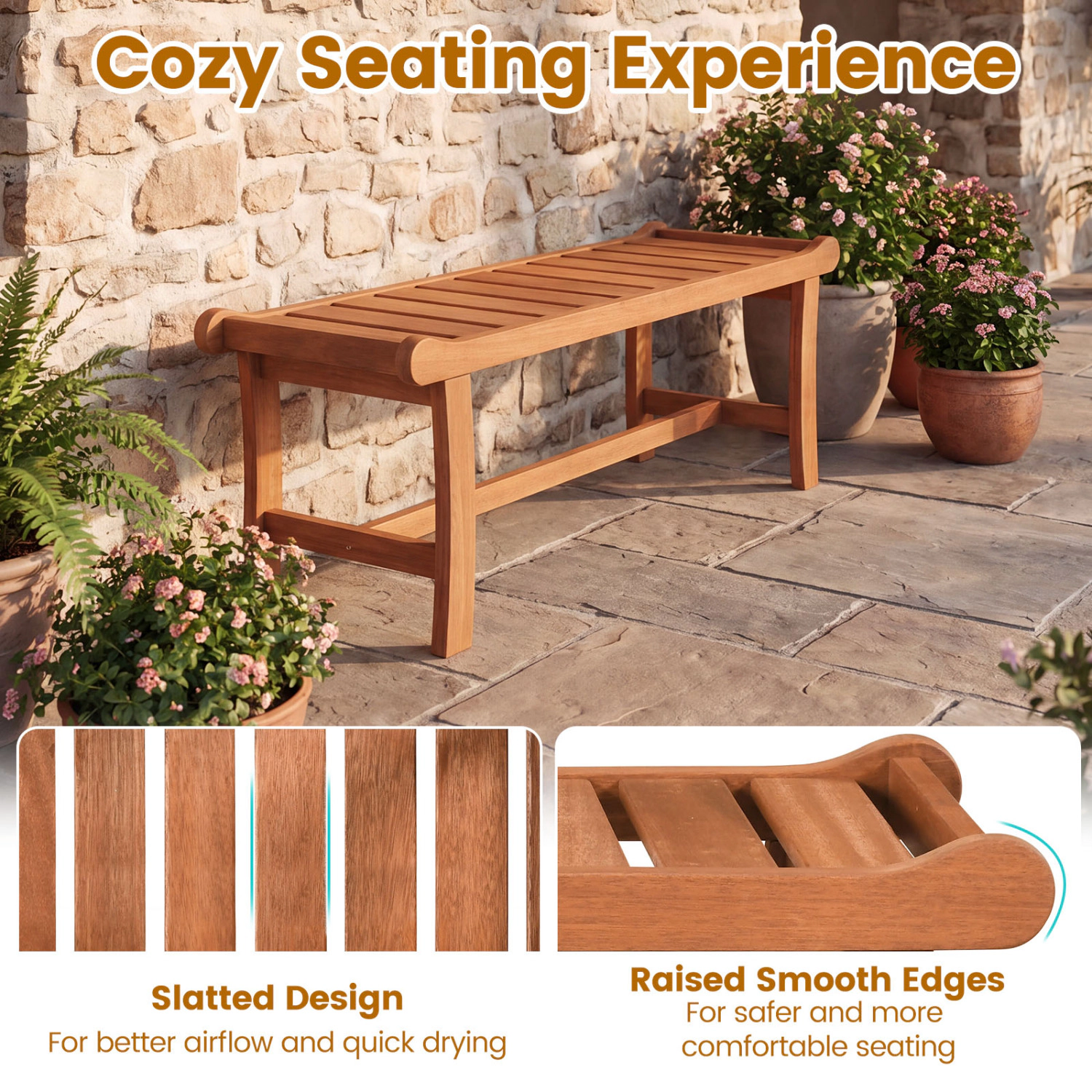 LJG 2-Person Outdoor Wood Bench with Slatted Seat and Raised Edges