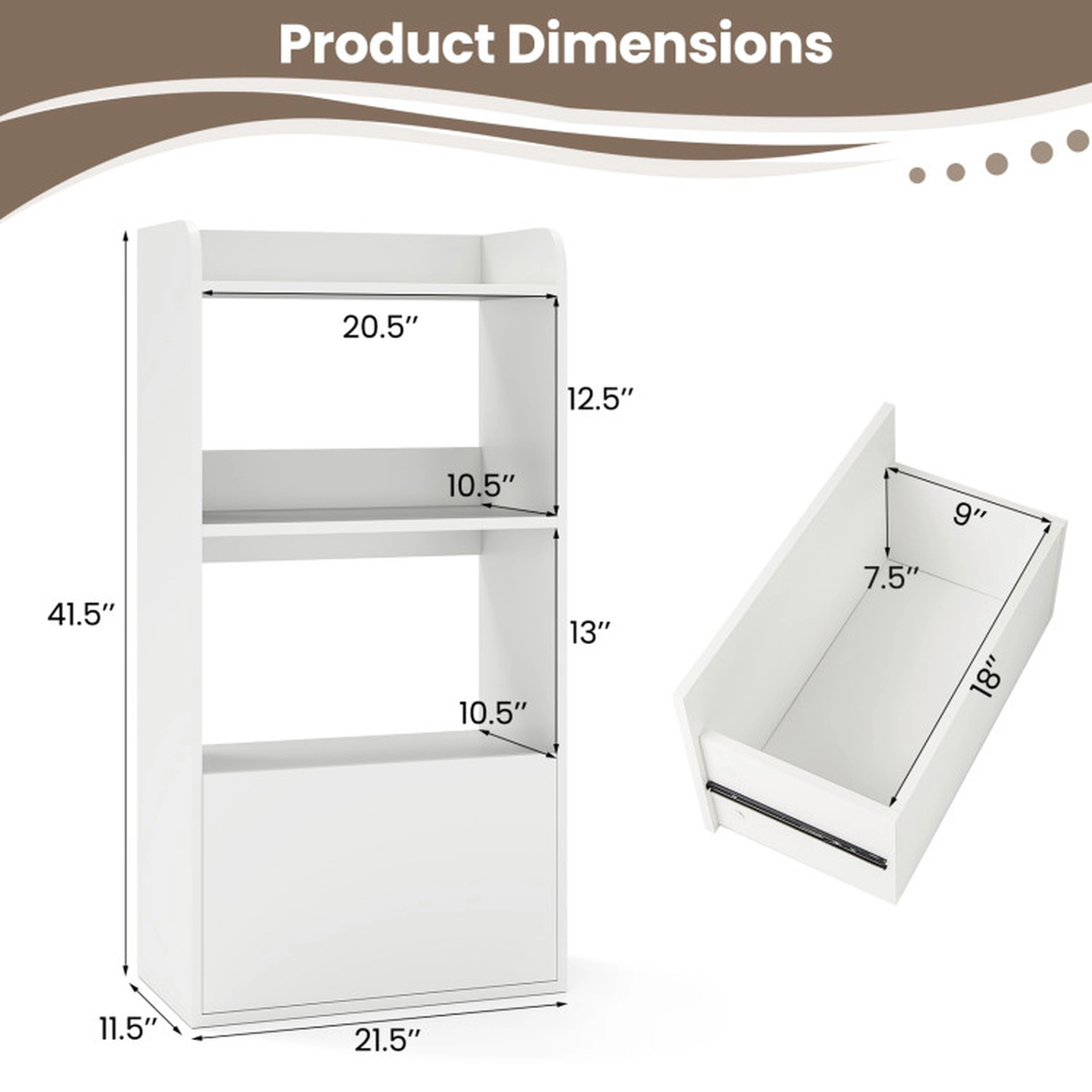 SUGIFT 3-Tier White 41.5-in Freestanding Bookshelf with Storage Drawer and Side Guardrails for Bedroom