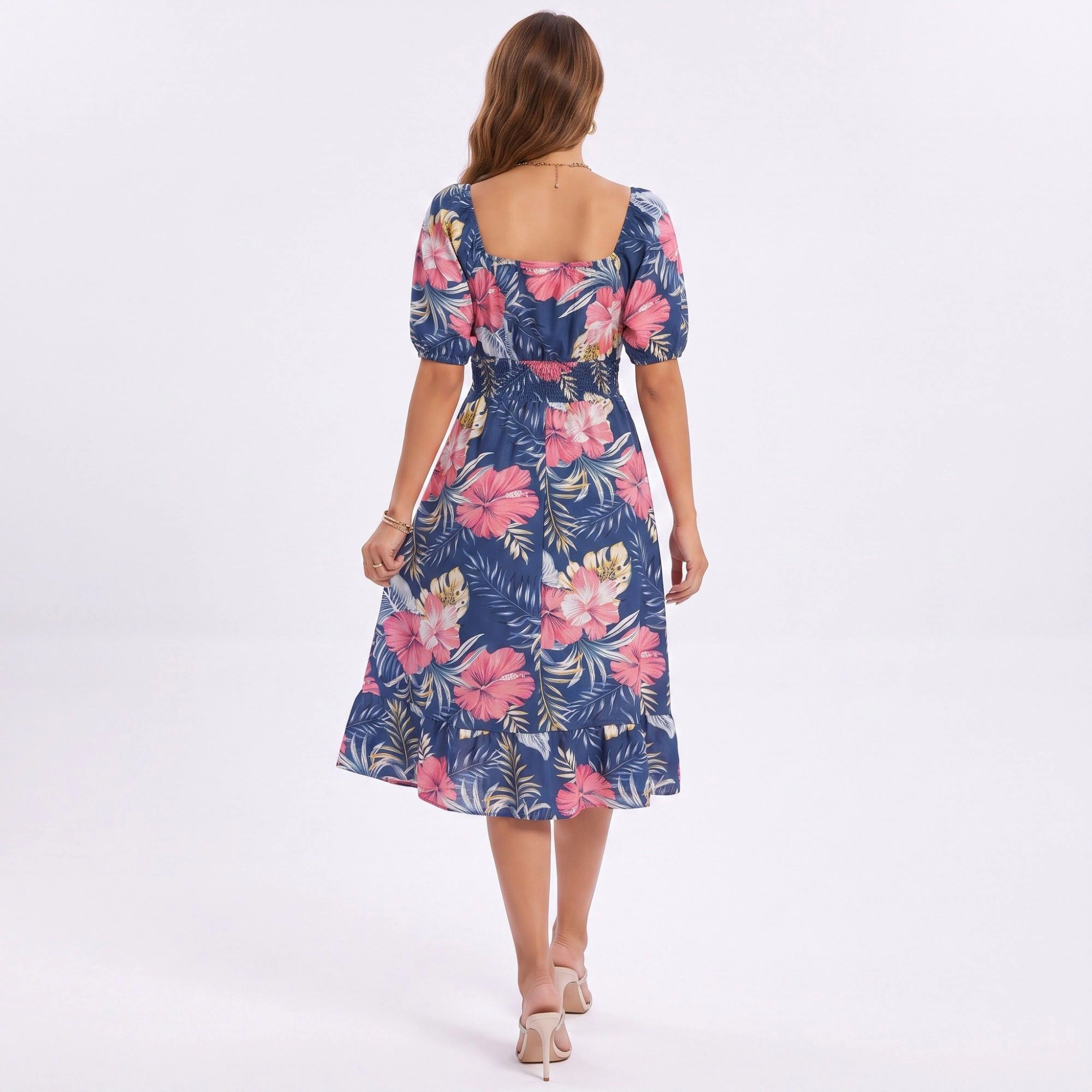 Anna-Kaci Women's Tropical Floral Square Neck Smocked Waist Midi Dress