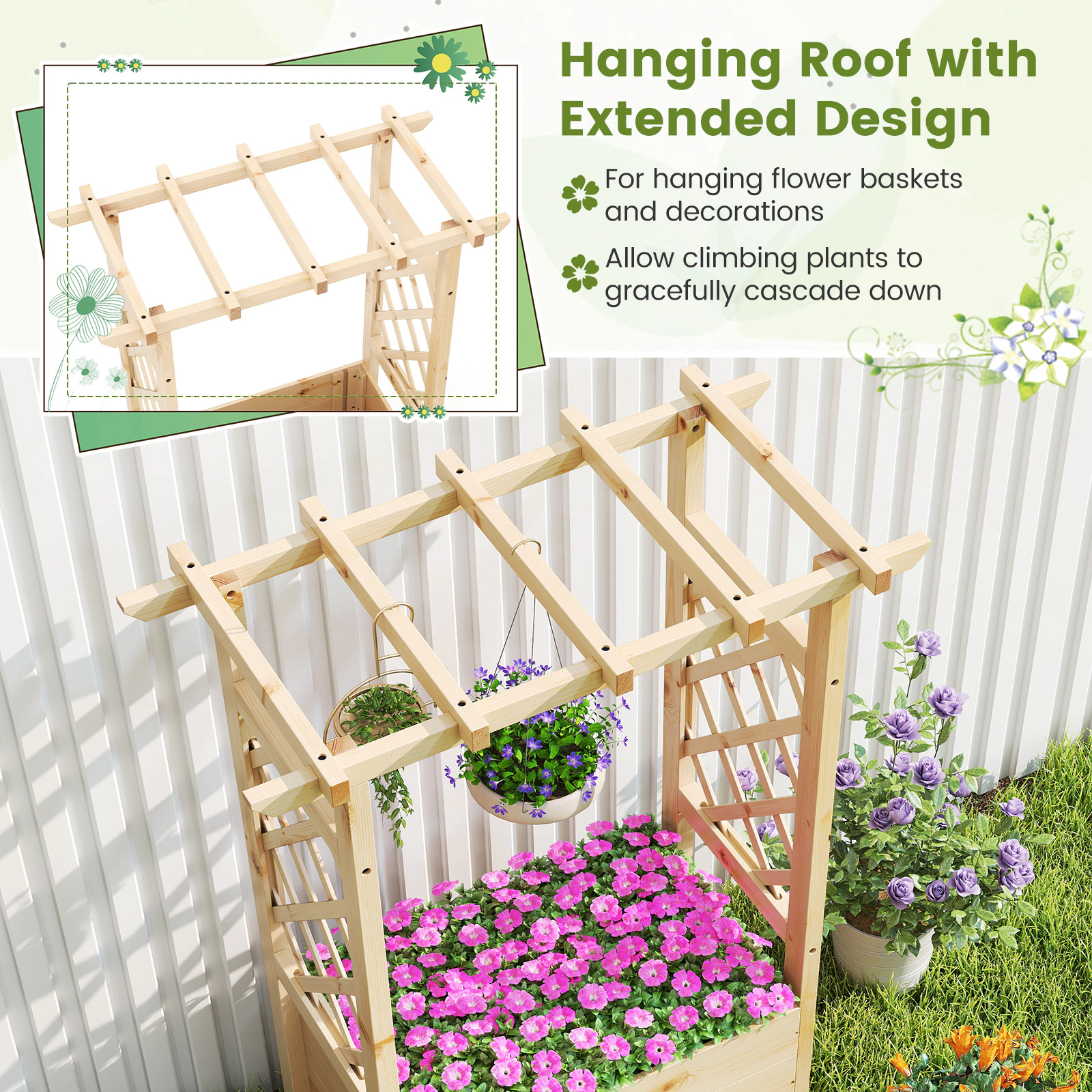 SUGIFT Natural Pine Wood Elevated Raised Garden Bed with Hanging Roof 31-in W 16-in D 41-in H