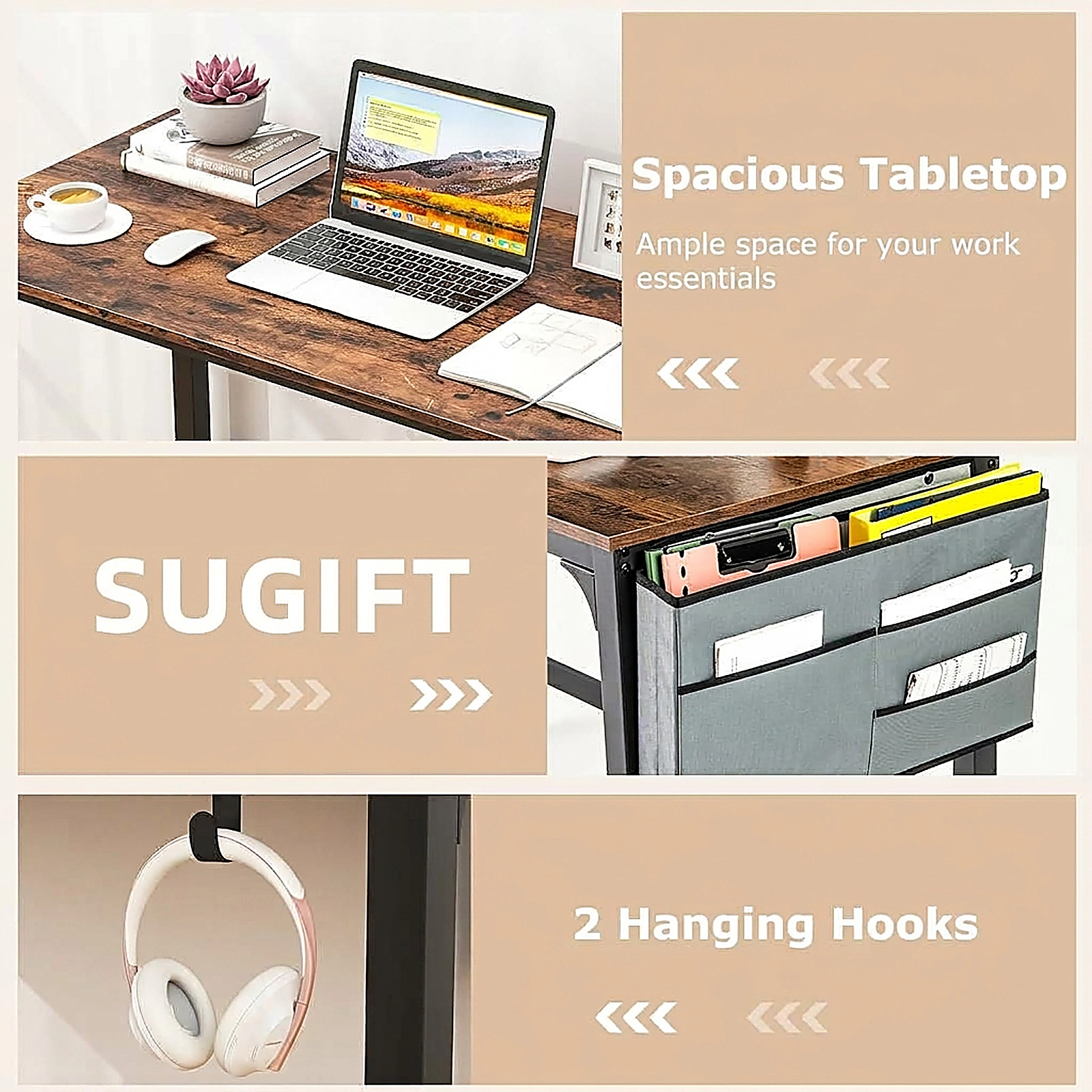 SUGIFT 48-Inch Rolling Computer Desk, Rustic Brown, 220-lb Capacity, Locking Wheels and Storage Bag