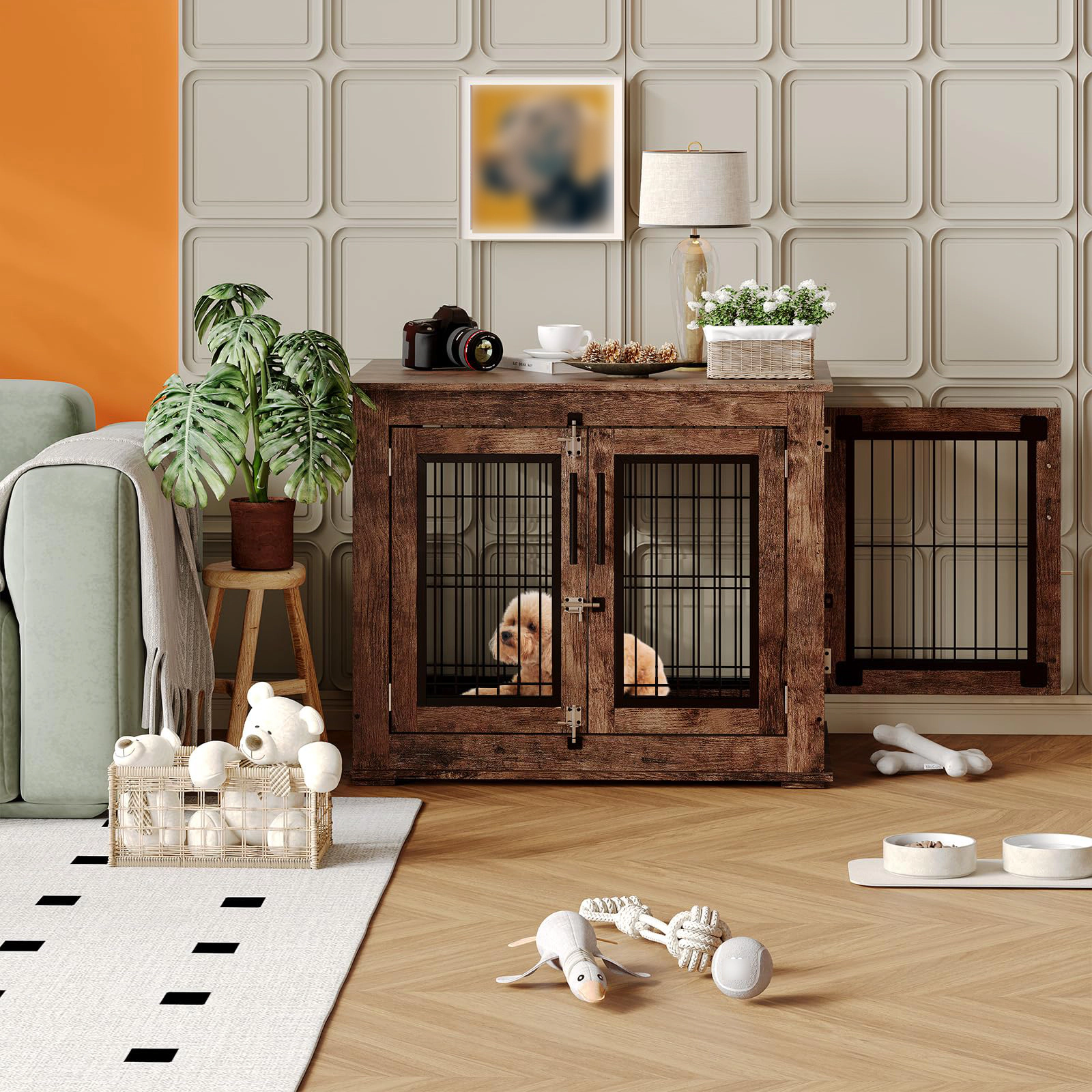 31.5" Wooden Dog Crate Furniture, Heavy Duty Chew-Resistant Indoor Kennel, Decorative End Table for Small/Medium Dogs