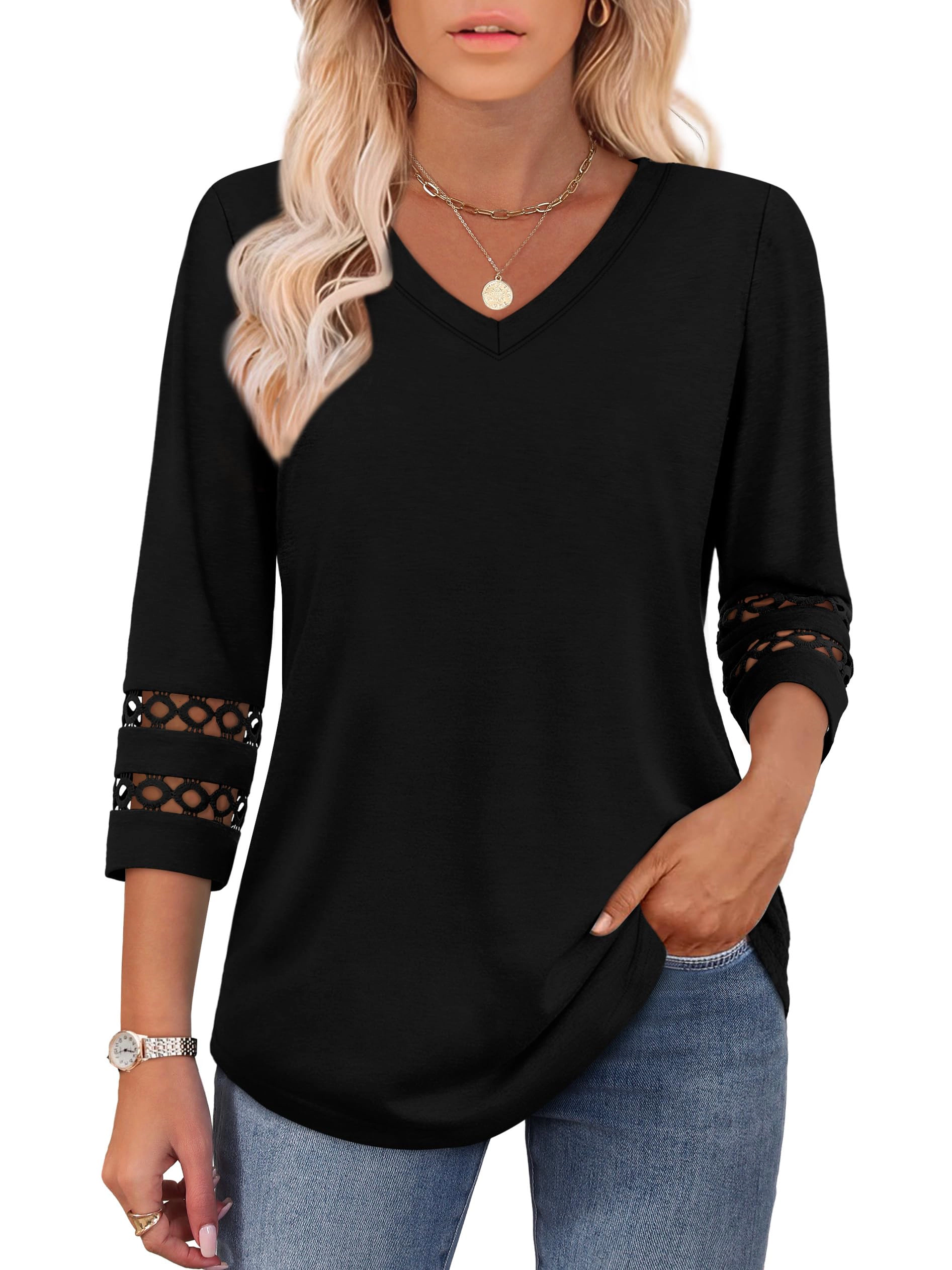 Enchanted Funland Womens V‑Neck 3/4 Sleeve Hollow Lace Cutout Cuff Casual Tops
