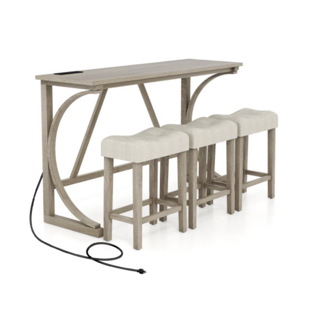 Hivvago 4-Piece Bar Table Set With Power Outlet And Upholstered Saddle Seat Stools-Grey And Beige