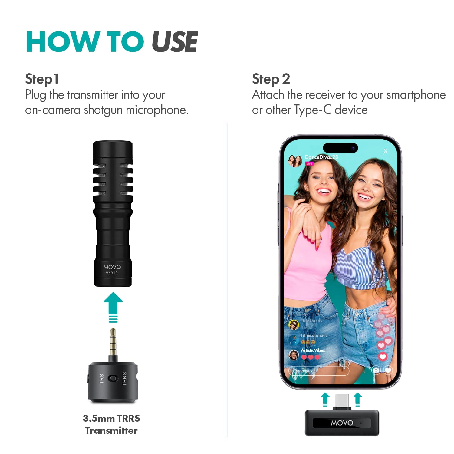 Movo WM-VXR10 Wireless Shotgun Mic Adapter for USB-C/iPhone 15 and up/Android Devices