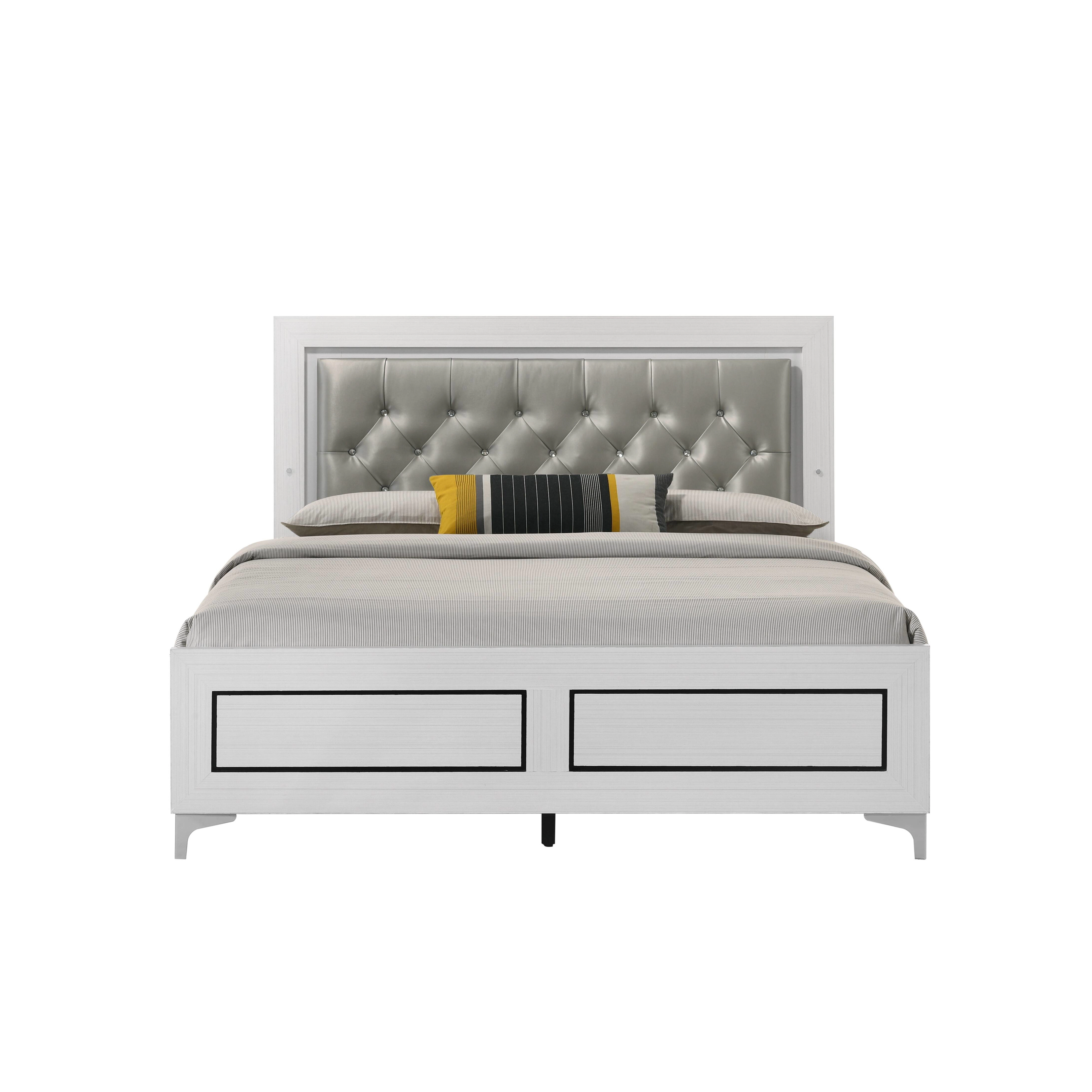Flynama Casilda Queen Bed with LED, Gray Leatherette & White
