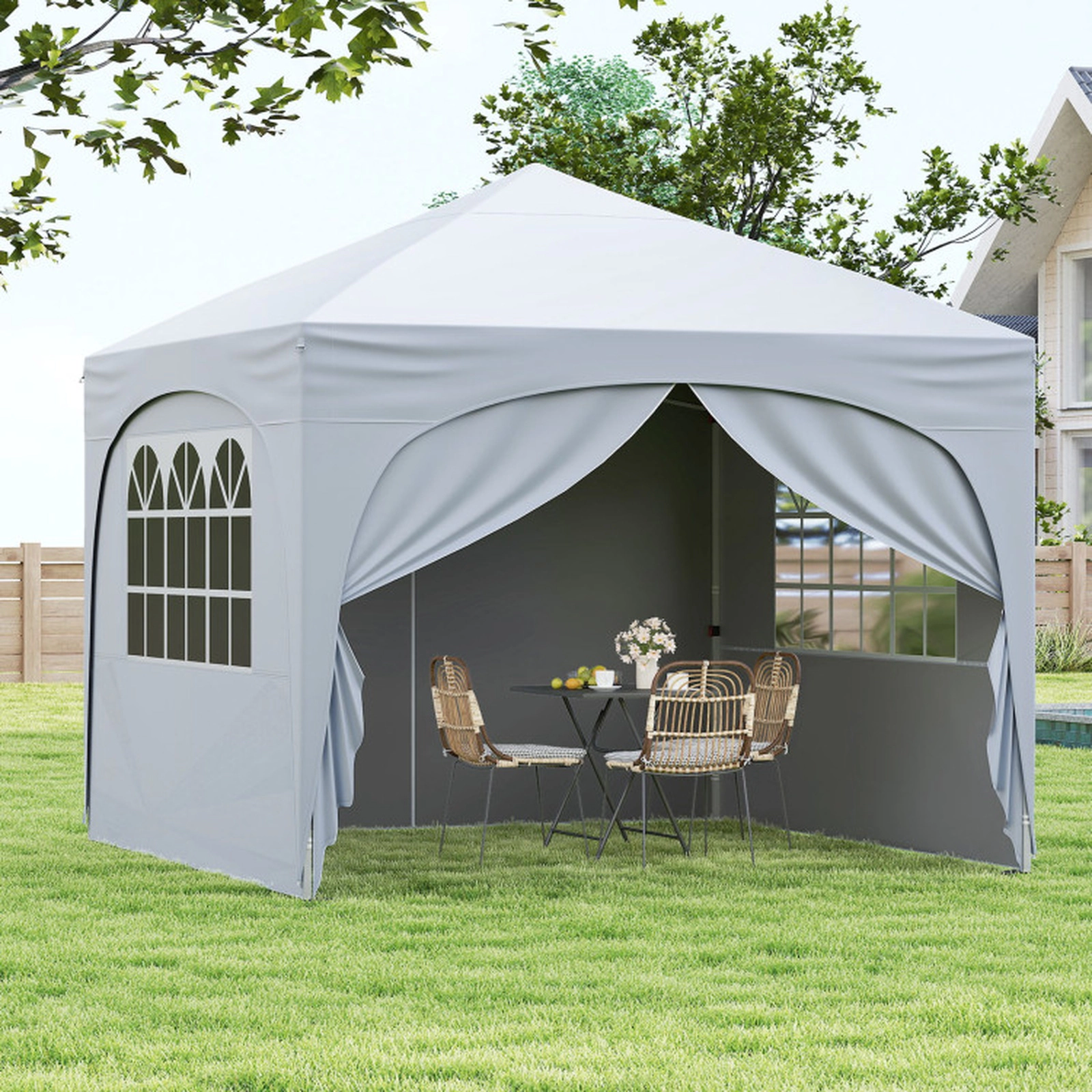 SUGIFT White 10-ft by 10-ft 3-Level UPF50+ Water-Repellent Oxford Pop Up Canopy Tent with 4 Removable Sidewalls