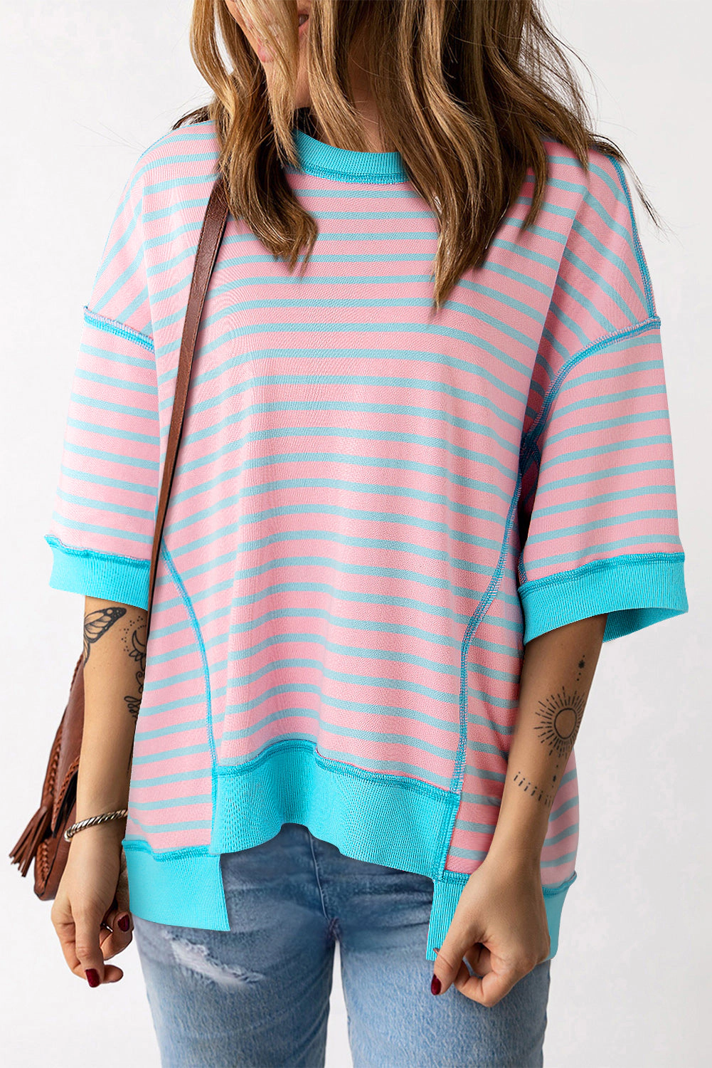 Threaded Pear Women's Adley Stripe Oversized Exposed Seam High Low Top