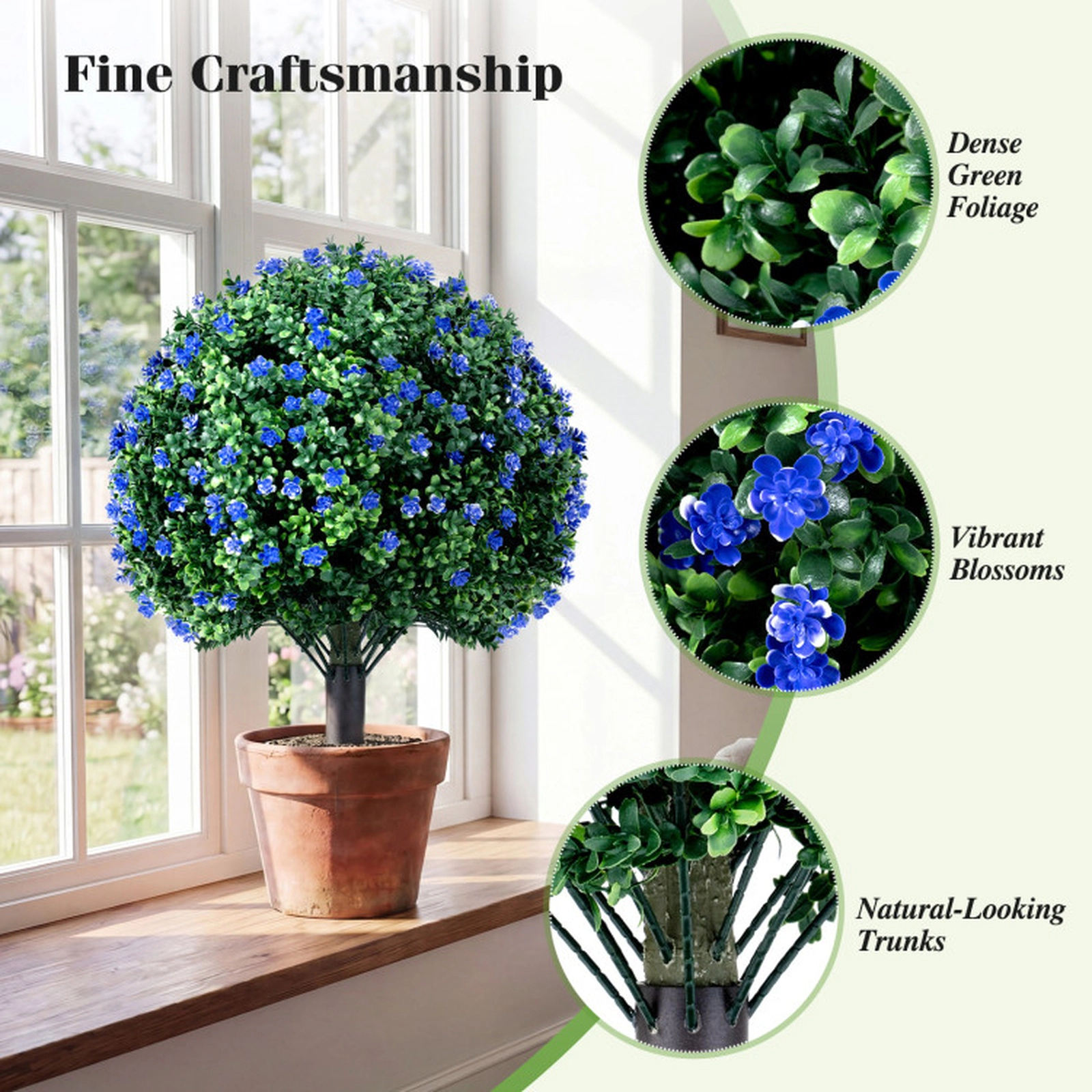 SUGIFT Set of 2 27.5-in Artificial Camellia Boxwood Topiary Ball Trees with Purple Flowers and 8-in Spikes