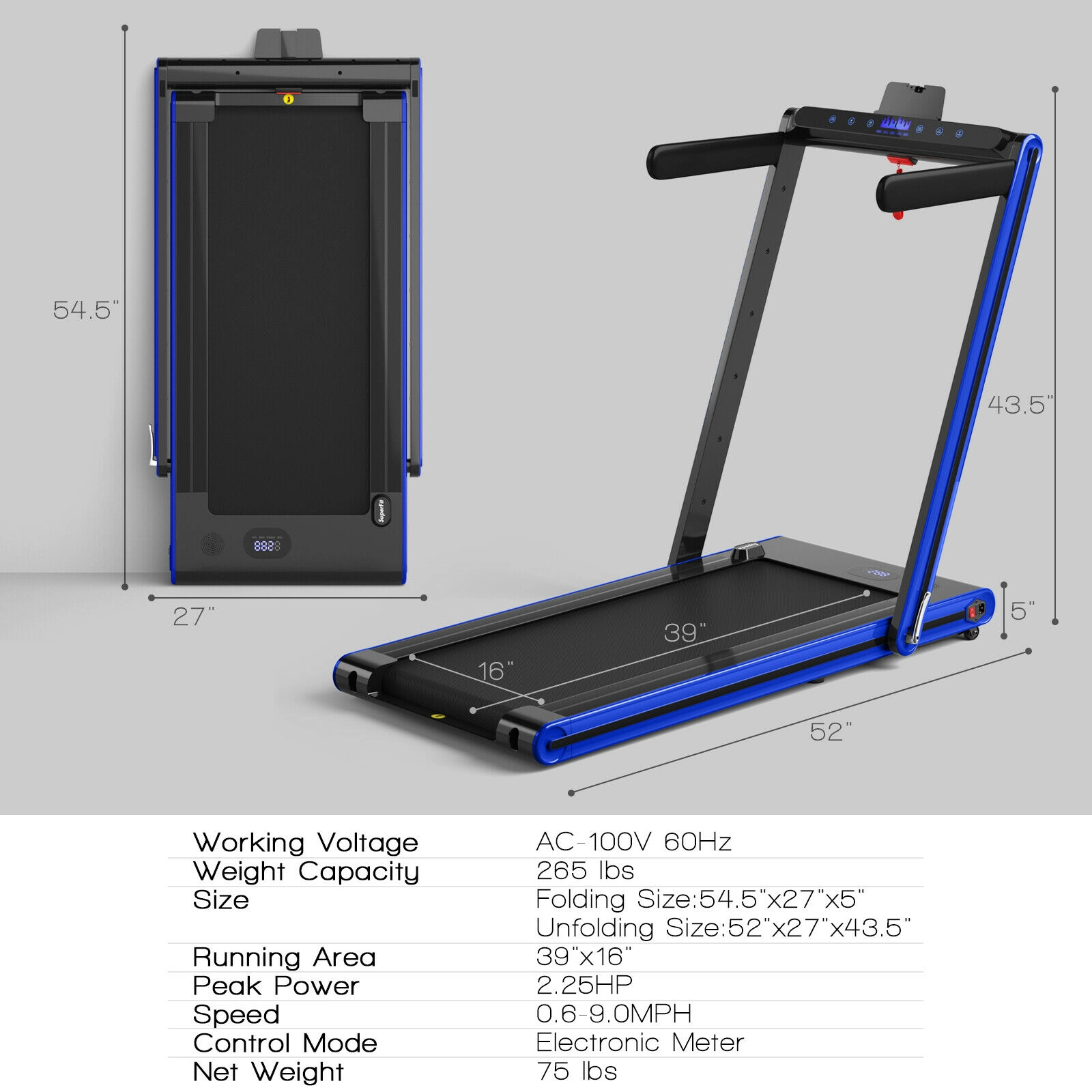 SUGIFT 2-in-1 Folding Treadmill with Dual LED Display 256-lb Capacity 2.25 HP 52-in Frame Navy