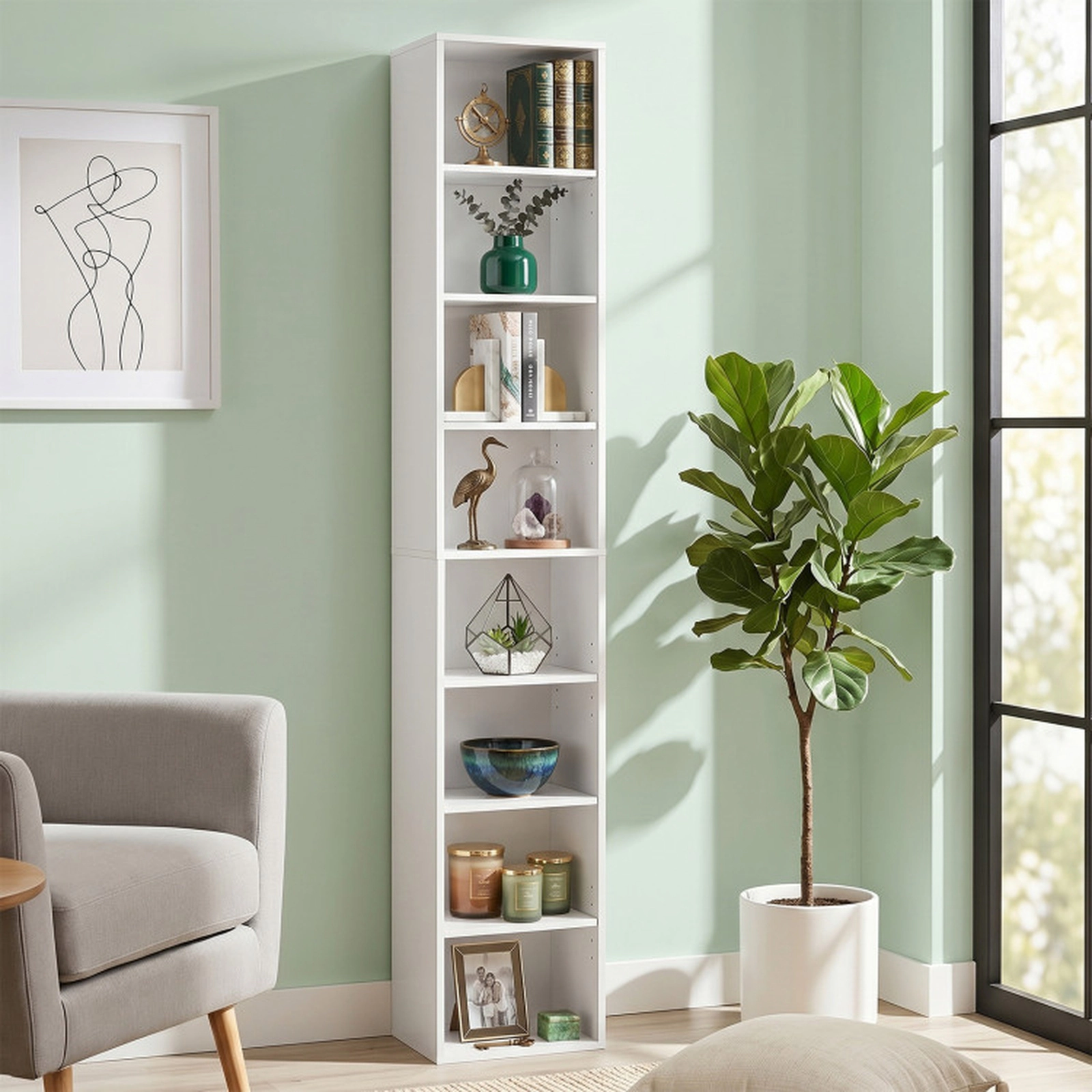 SUGIFT White 8-Tier Narrow Bookshelf 71 in with 4 Adjustable Shelves