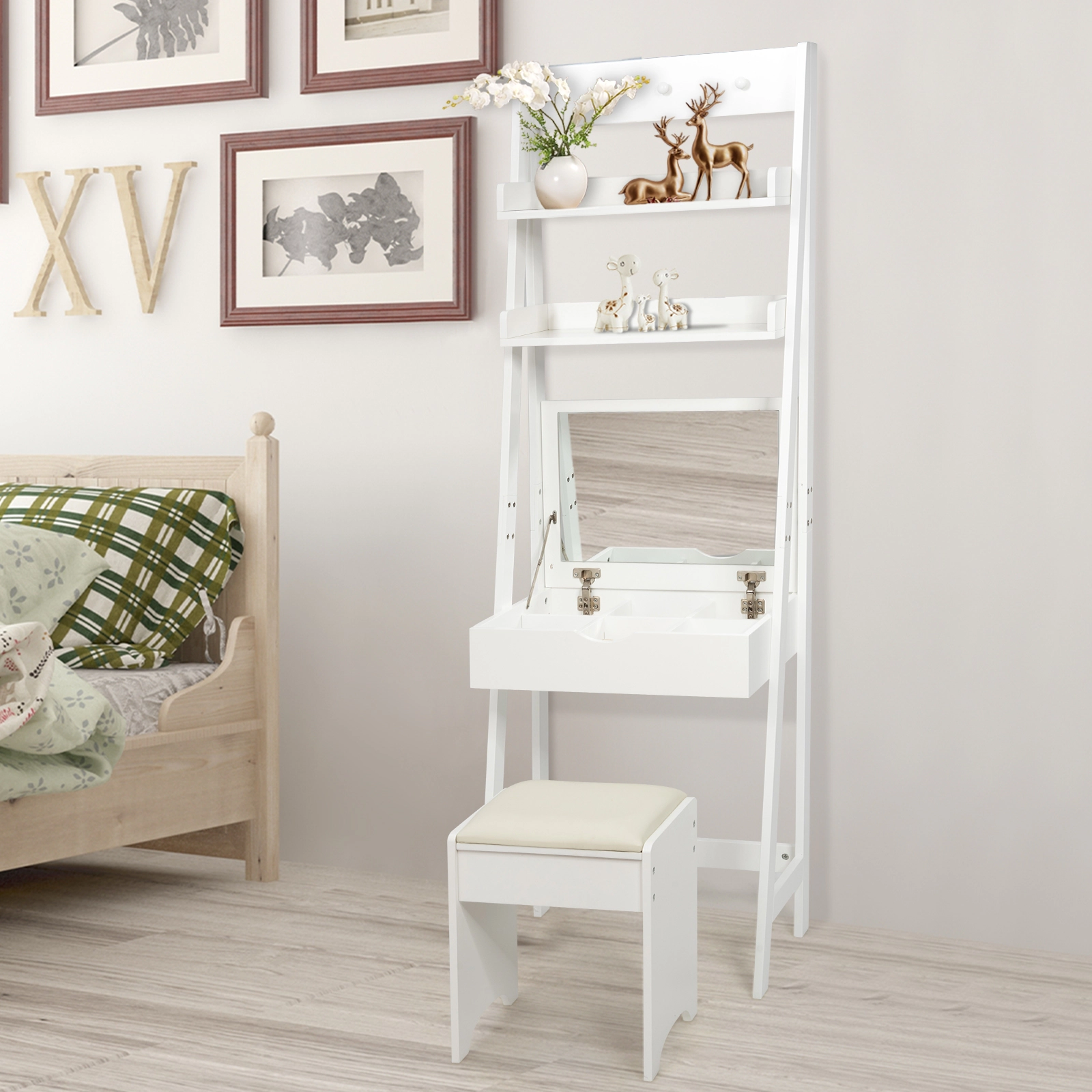 SUGIFT 3-in-1 Modern Shelf Vanity Set with Flip Top Mirror and 6 Makeup Organizers 22-lb Table 180-lb Stool White