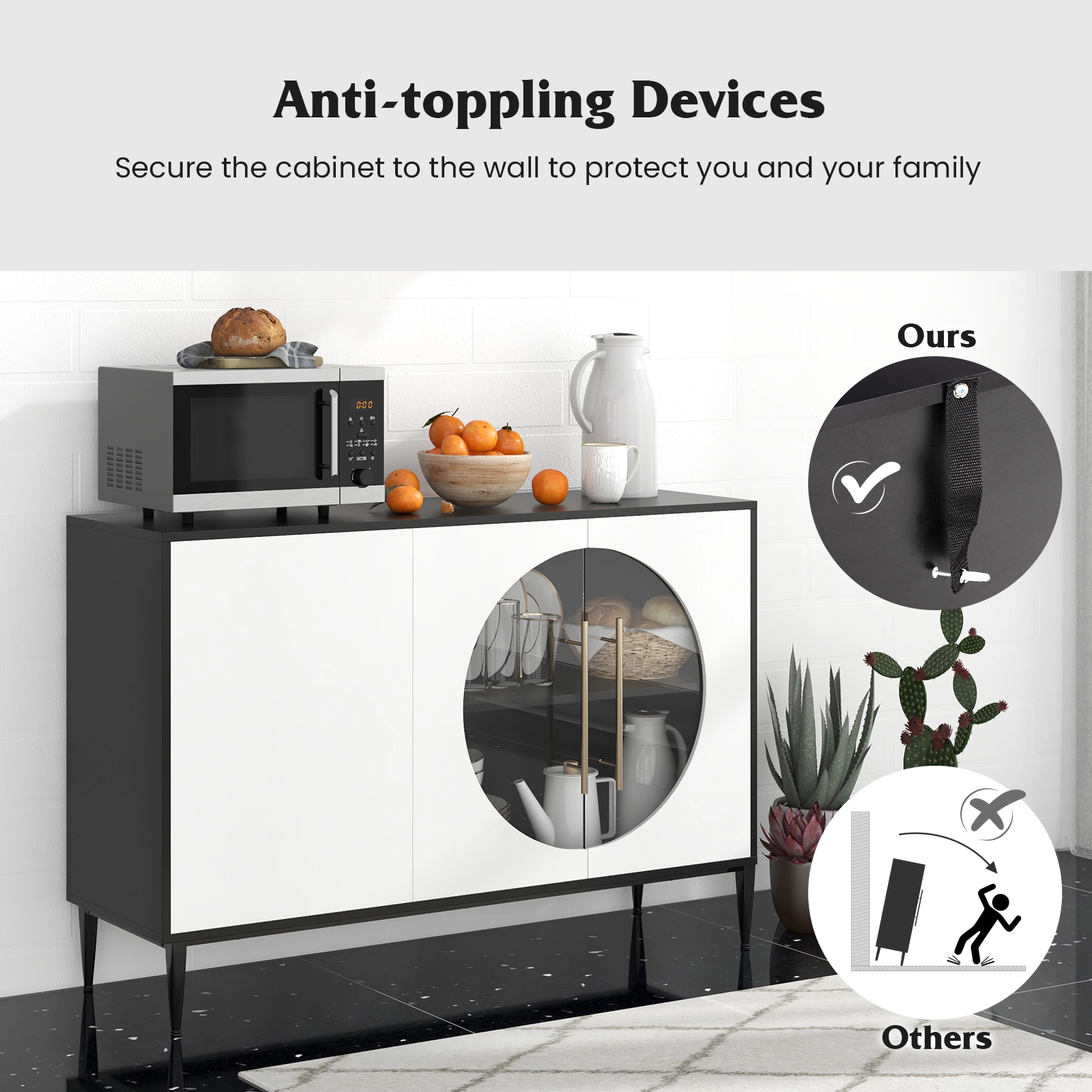 SUGIFT 47-in 230-lb Capacity White Sideboard Cabinet with Tempered Glass Doors 3-Position Shelves and Metal Legs