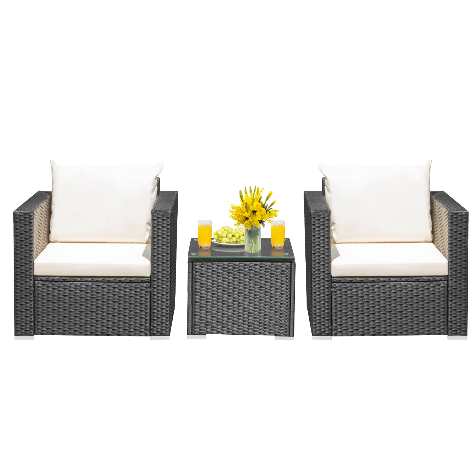 SUGIFT 3-Piece Black Wicker Patio Conversation Set with Deep-Seat Sofas, Cushions and Glass Table