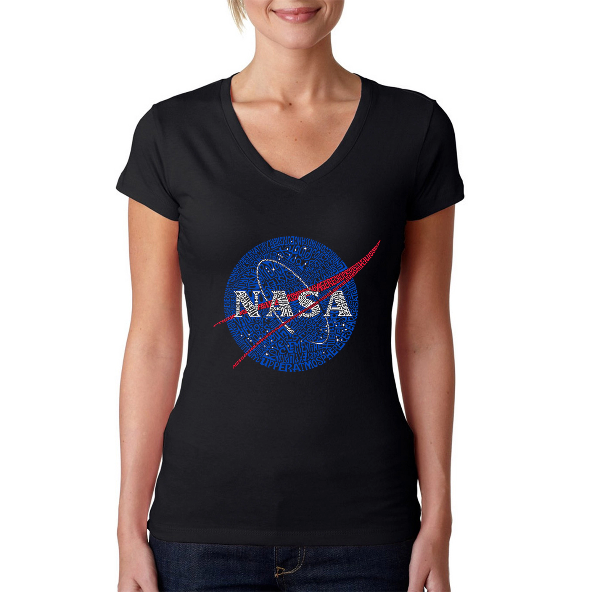 LA Pop Art Womens Word V-Neck T-Shirt - NASA's Most Notable Missions