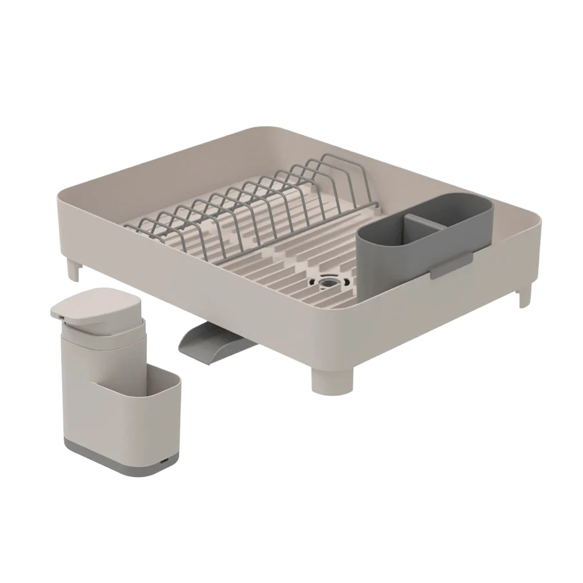 OU Dish Drying Rack w/ Drainage Spout & 19 oz Liquid Soap Dispenser Sponge Holder, Compact Nonslip Kitchen Organizer