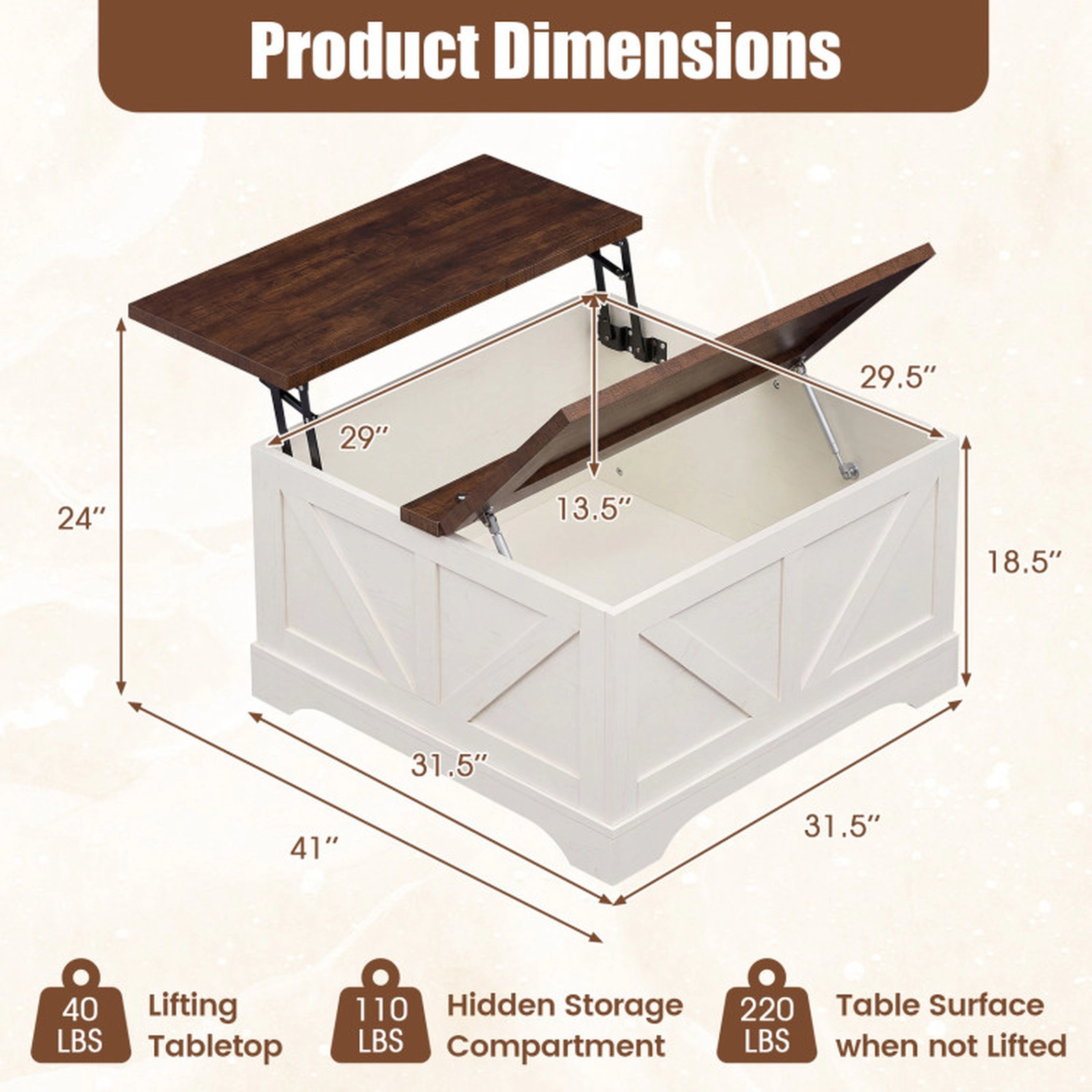 SUGIFT 31.5-in Square 220-lb Capacity Rustic Brown Farmhouse Barn Door Coffee Table with 24-in Lifting Top