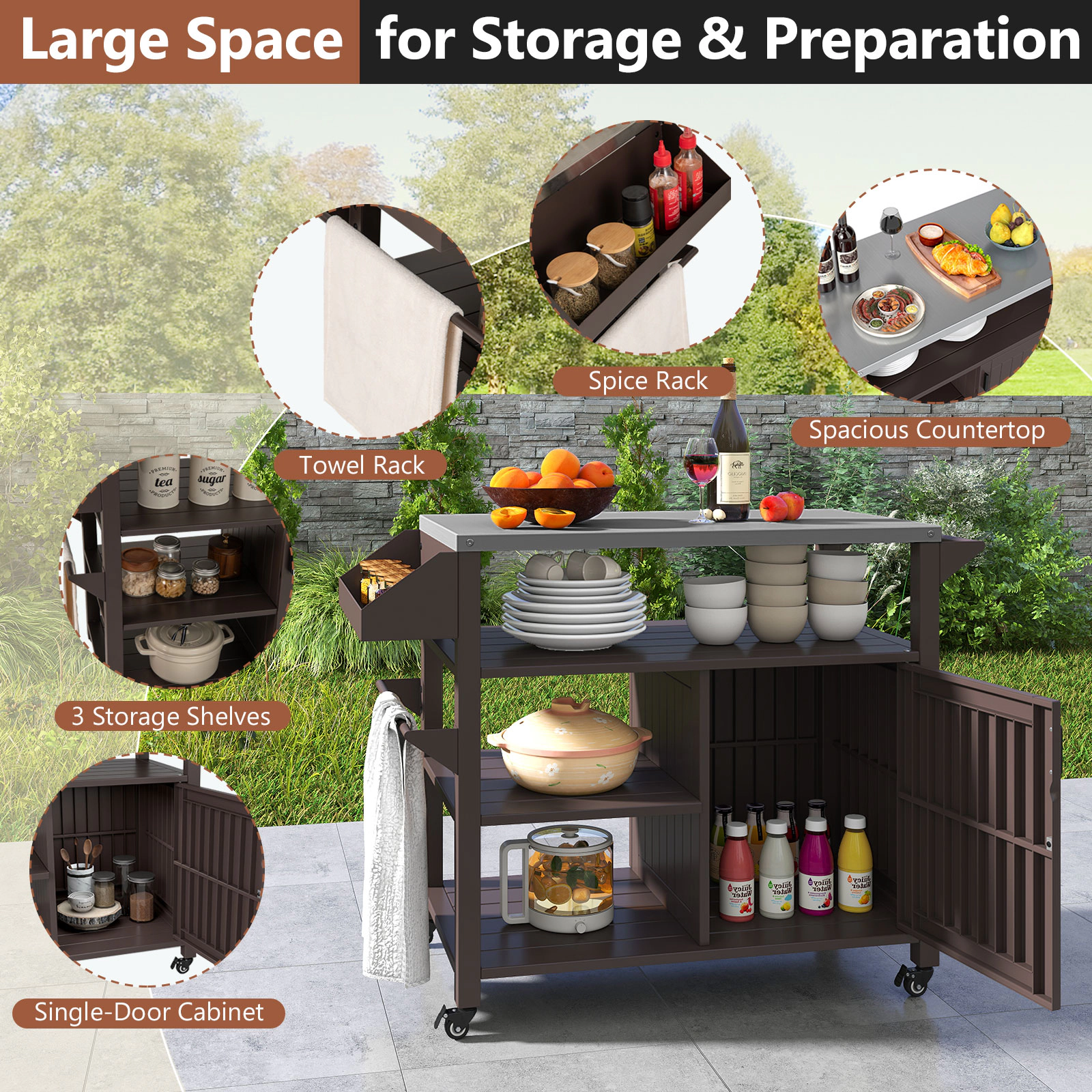 SUGIFT Brown Rolling Grill Cart with Storage Cabinet and Shelves 46-in W 20-in D 34-in H 88-lb Countertop Capacity