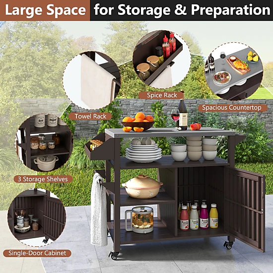 SUGIFT Brown Rolling Grill Cart with Storage Cabinet and Shelves 46-in W 20-in D 34-in H 88-lb Countertop Capacity