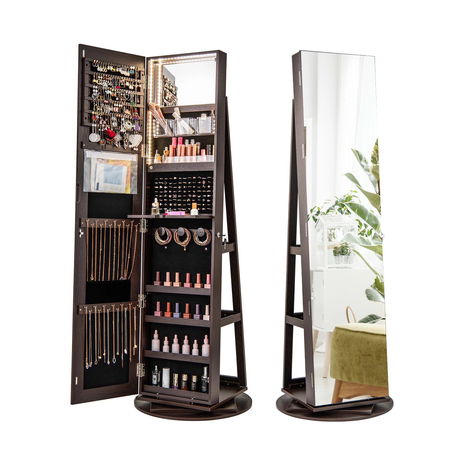SUGIFT 360 Degree Rotating Jewelry Armoire Lockable Cabinet with LED Lights and Mirror