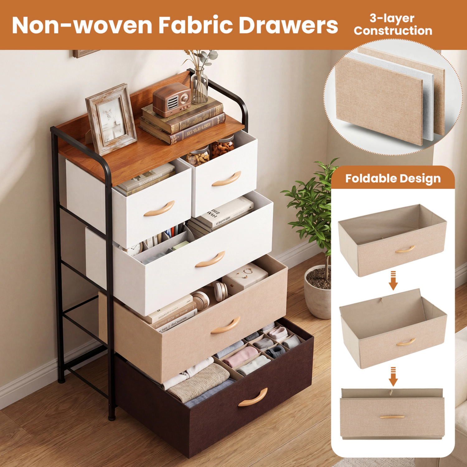 Glintex 5-Drawer Fabric Dresser with Raised-Edge Top and Metal Frame, Multicolor