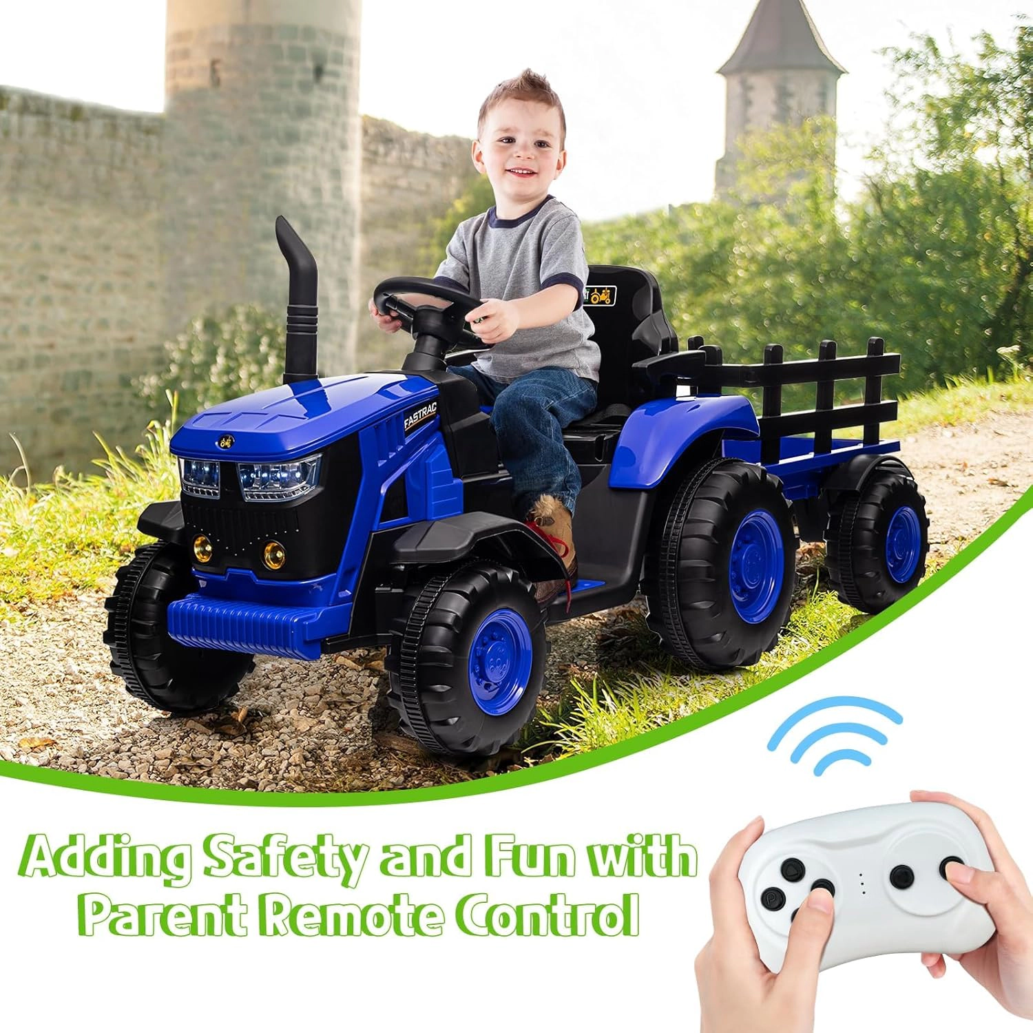 Enjyam 12V Kids Ride-On Tractor with Remote, Electric w/ Dual Motors, Detachable Trailer, Music & LED Lights