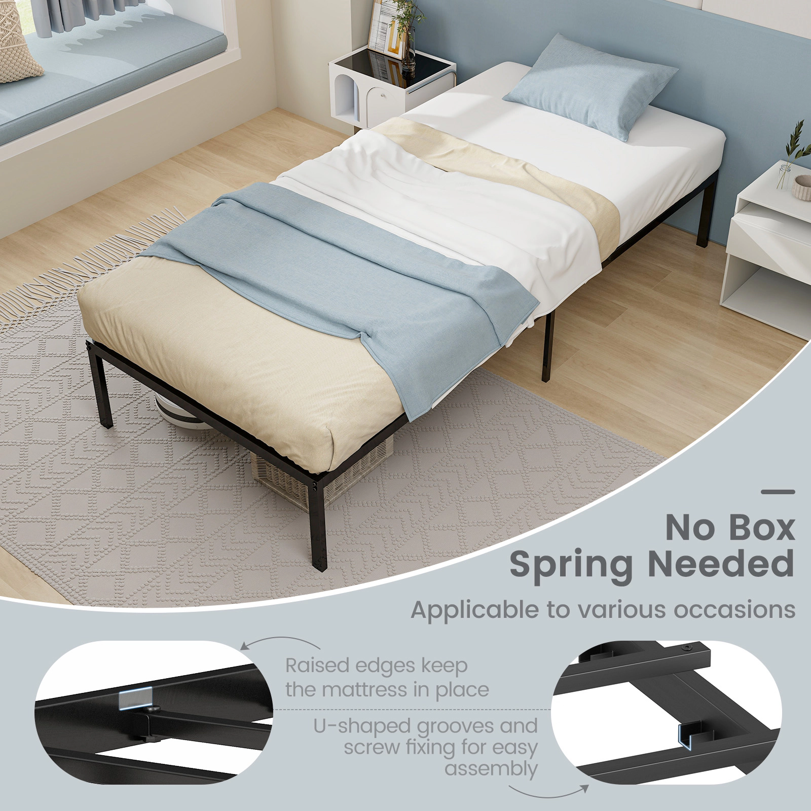 SUGIFT 14-in High Heavy Duty Steel Platform Bed Frame Twin Full Queen 220-570-lb Capacity 14-in Underbed Clearance Black