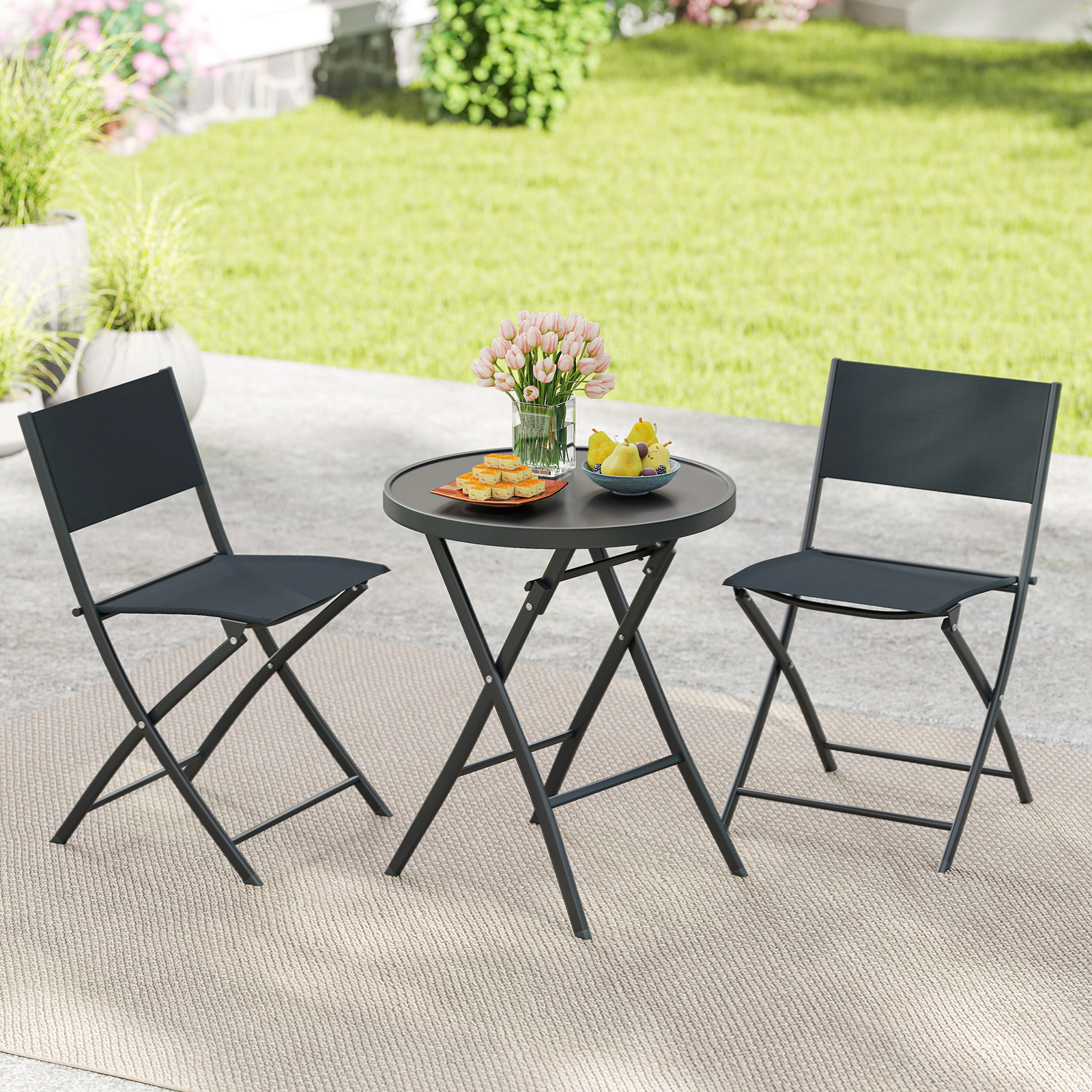 SUGIFT 3 Piece Folding Patio Bistro Set Black with Tempered Glass Table and 2 Chairs