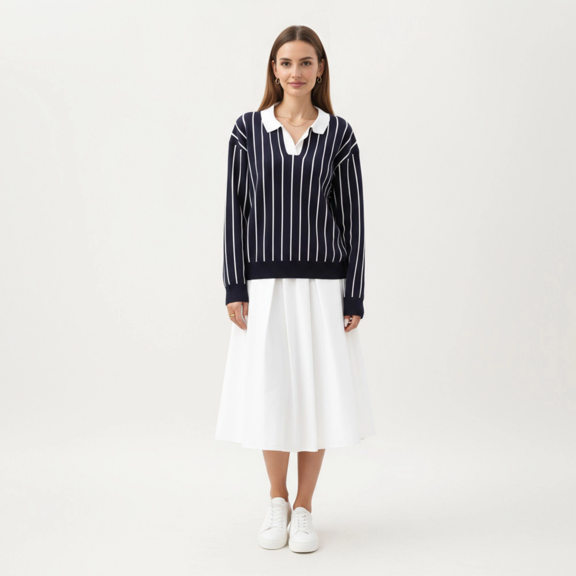 Anna-Kaci Women's Vertical Stripe Knit Collared Sweater with V-Neck Long Sleeves