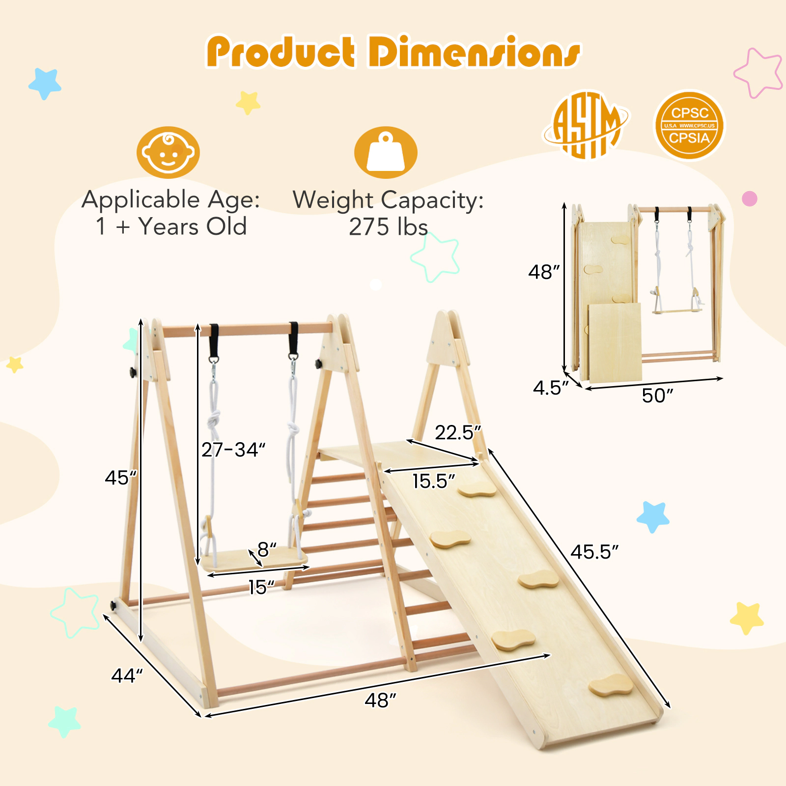 SUGIFT Natural 5-in-1 Foldable Wooden Kids Climber with Slide and Adjustable Swing 275-lb Total 4.5-in Folded
