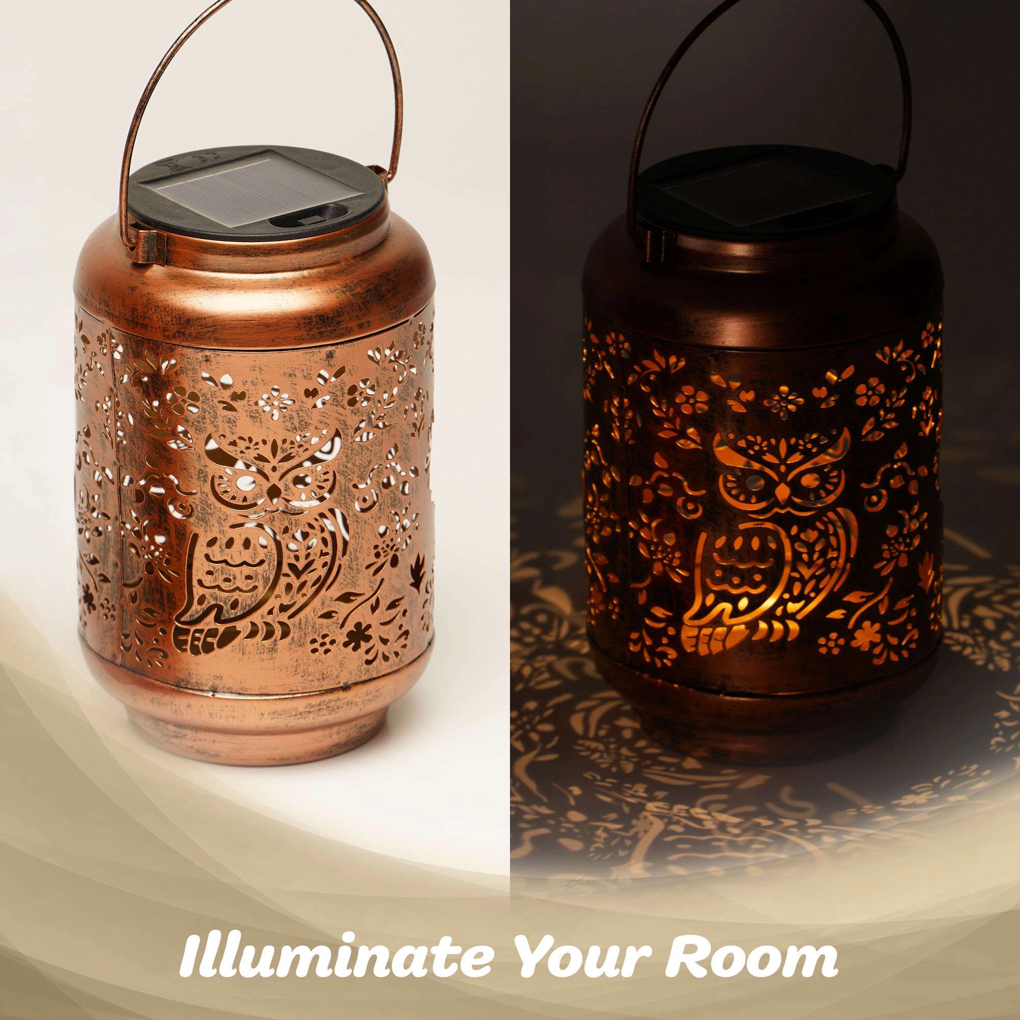 G128 2-Pack Solar Owl Outdoor Lantern, Antique Copper Metal Waterproof Hanging Lantern with Warm White LED, 6.75 in