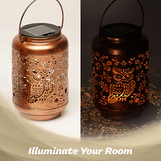 G128 2-Pack Solar Owl Outdoor Lantern, Antique Copper Metal Waterproof Hanging Lantern with Warm White LED, 6.75 in