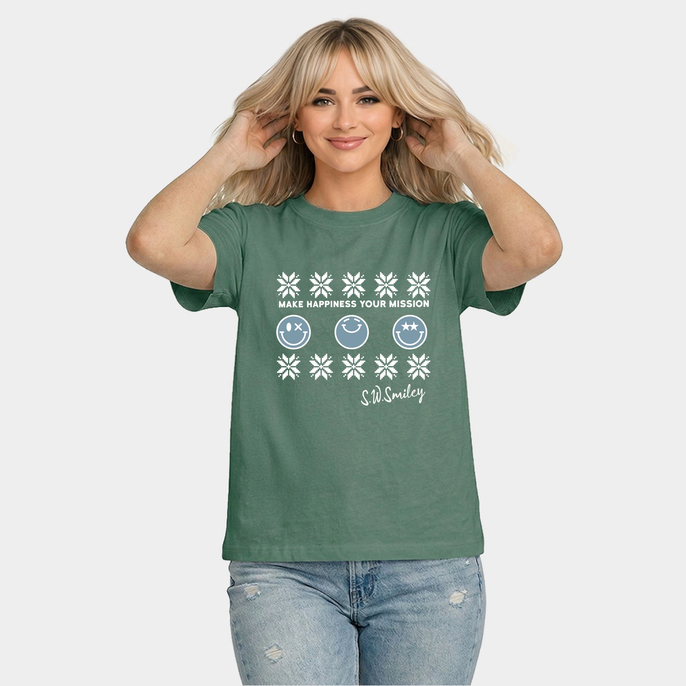 Simply Sage Market - Women's Relaxed Boxy Tee S.W.Smiley Make Happiness Your Mission Snowflake