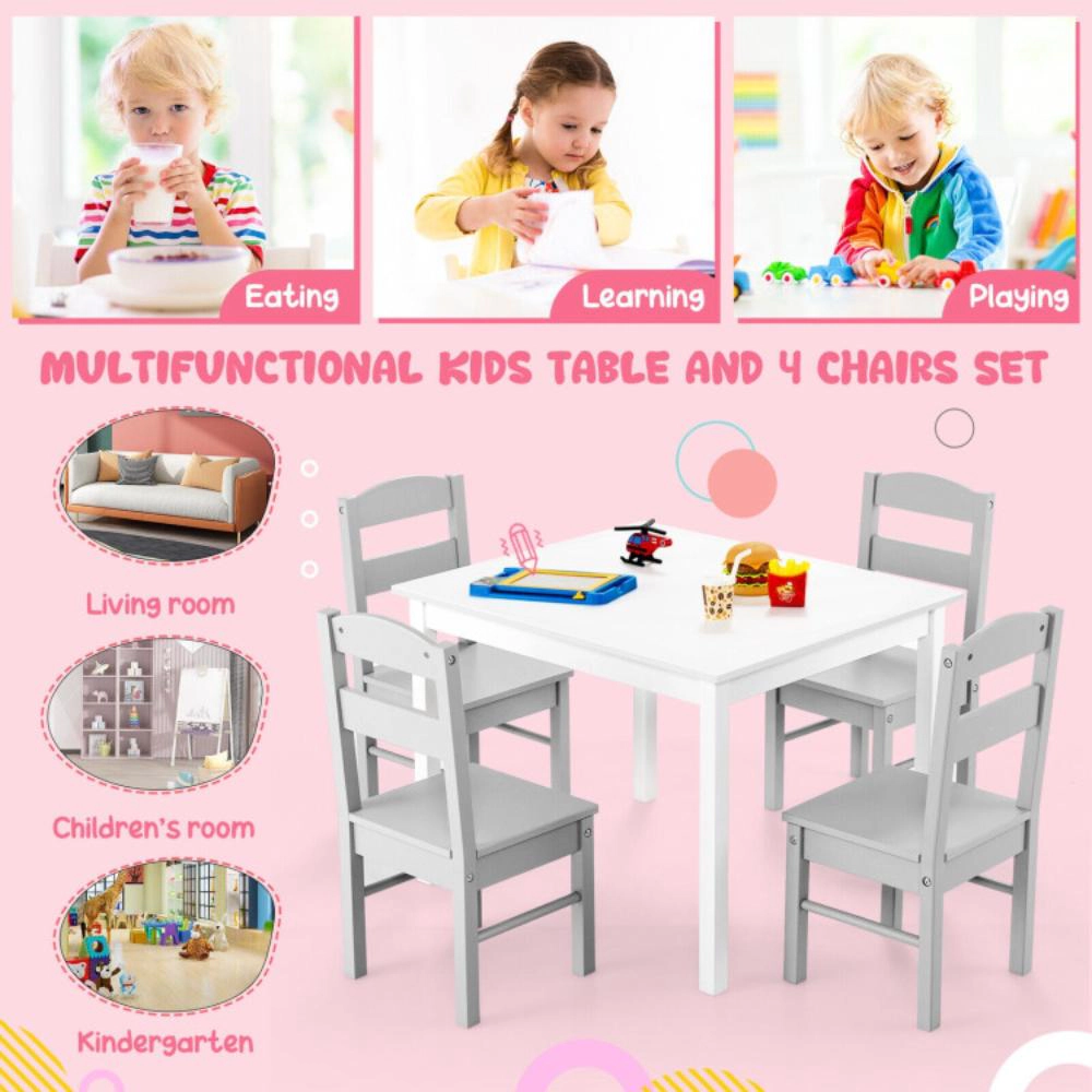Hivvago Kids 5 Pieces Table And Chair Set Wooden Children Activity Playroom Furniture Gift