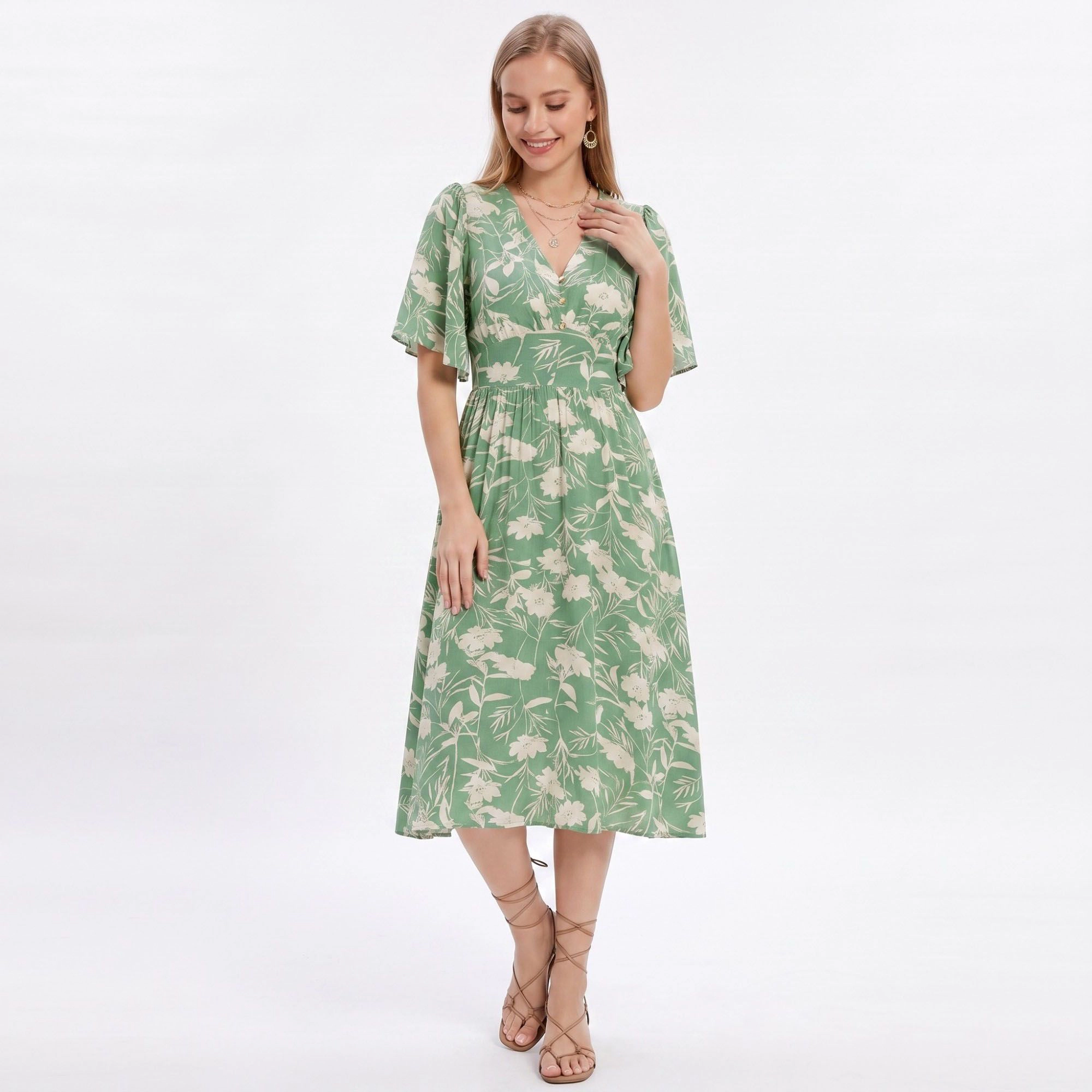Anna-Kaci Women's Floral Print Flutter Sleeve Smocked Waist Midi Dress