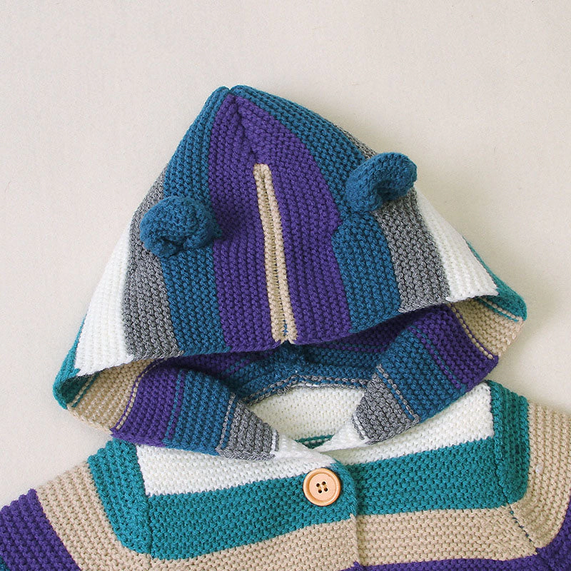 MyKids-USA Baby Colorful Striped Pattern Button Front Knitted Cardigan With Hat