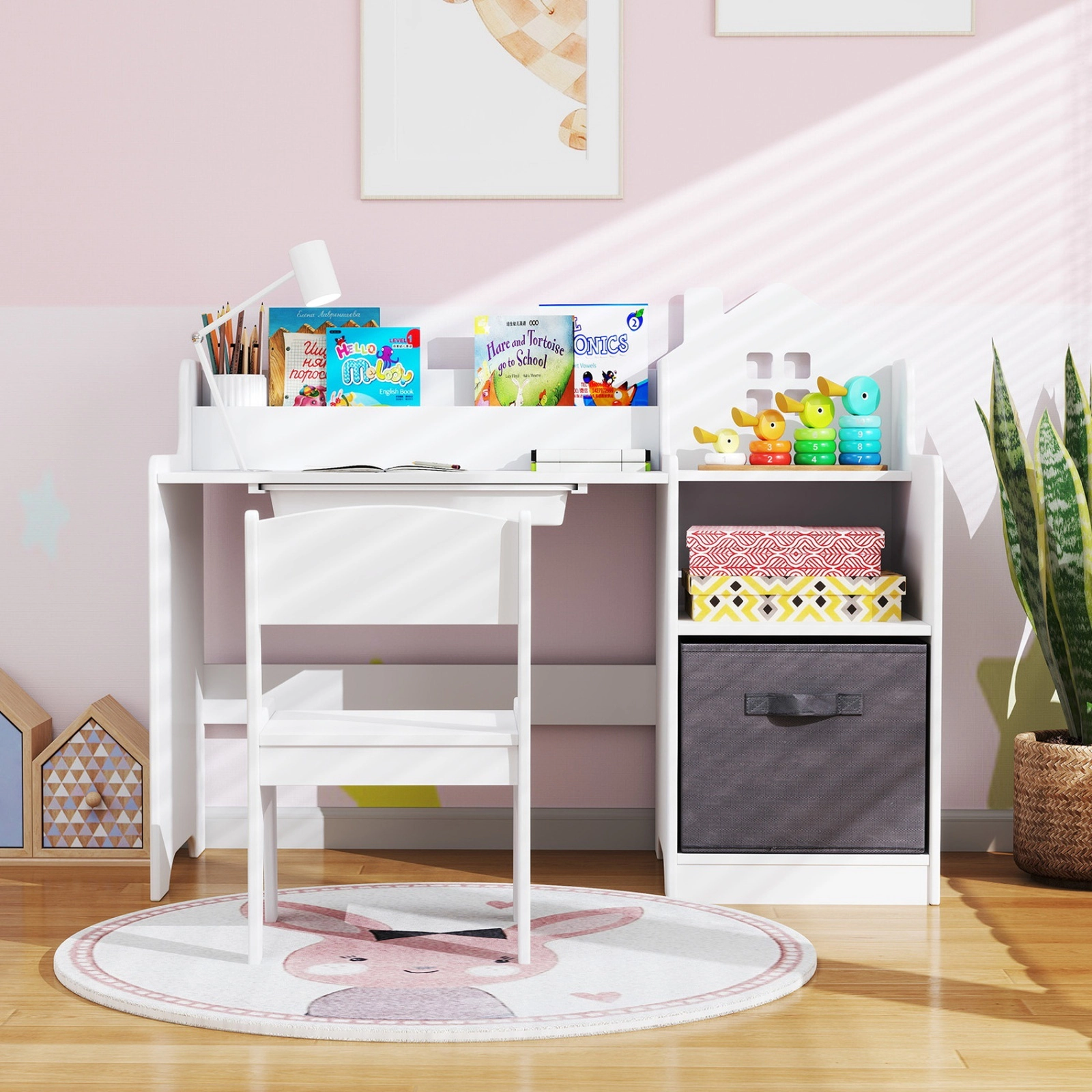 SUGIFT White Kids Desk and Chair Set, 37-Inch Study Desk with Shelves, Drawers and Fabric Bin