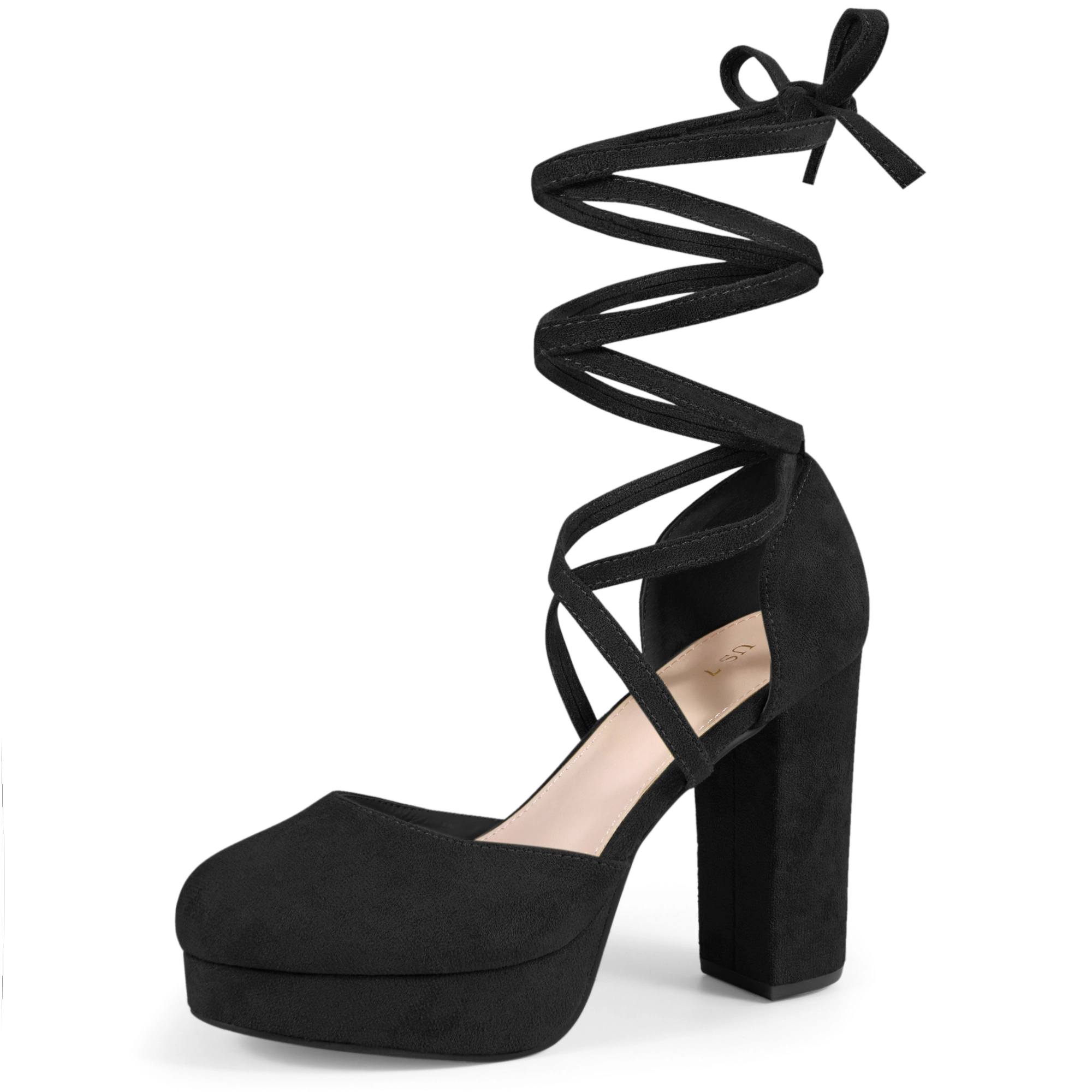 BLISSFUL STEP Women Faux Suede Strappy Lace Up Chunky Heel Platform Pumps