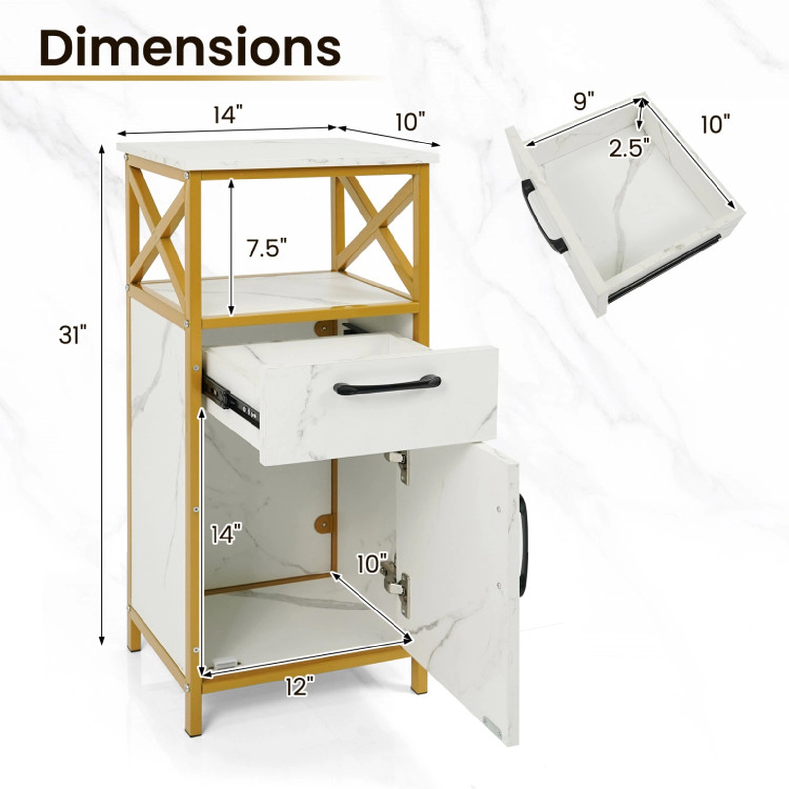 SUGIFT White and Golden Faux Marble 44-lb Top Bathroom Storage Cabinet with Drawer Single Door and Open Shelf