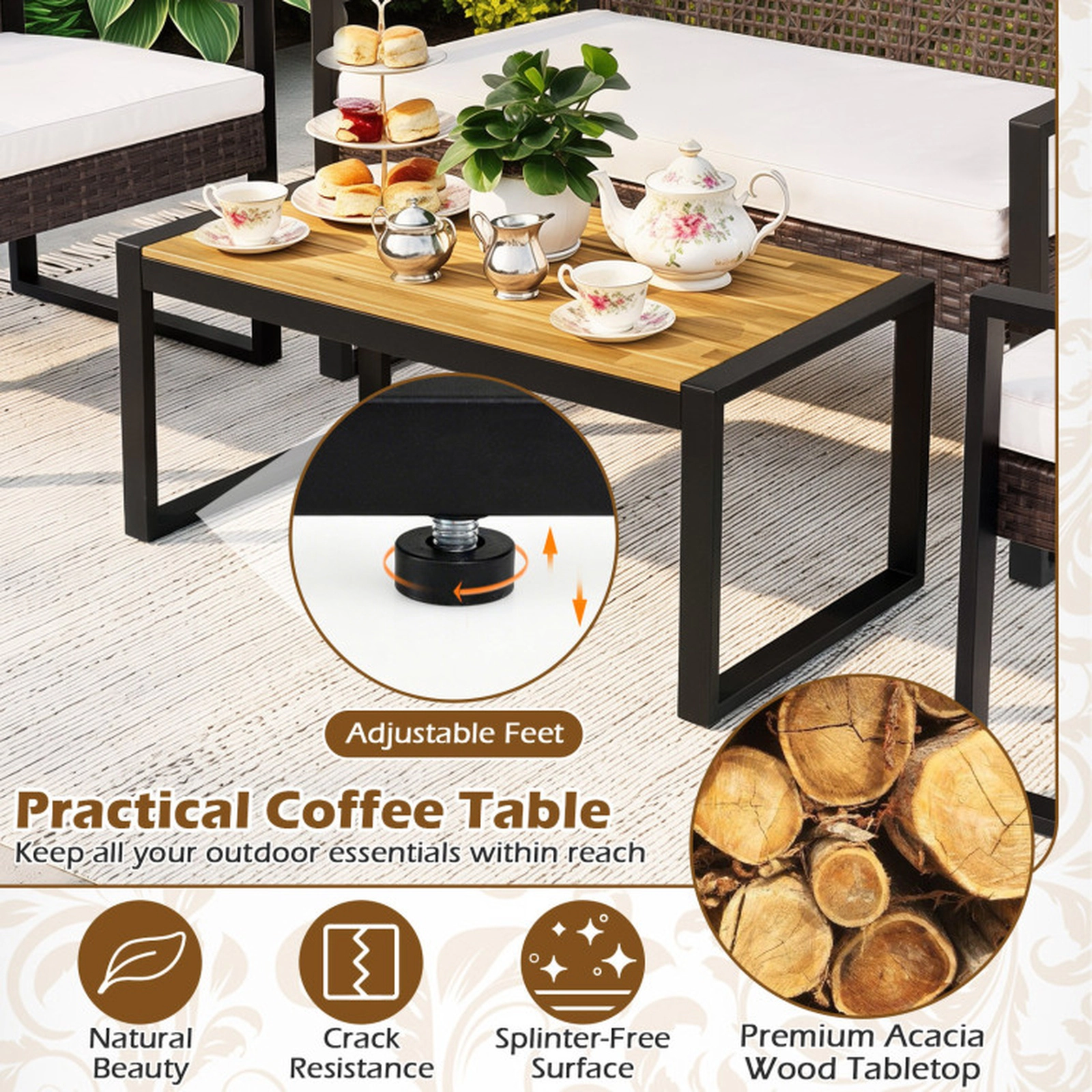 SUGIFT Brown and Black Acacia Wood Coffee Table and Cushions 4-Piece Patio Wicker Sofa Set