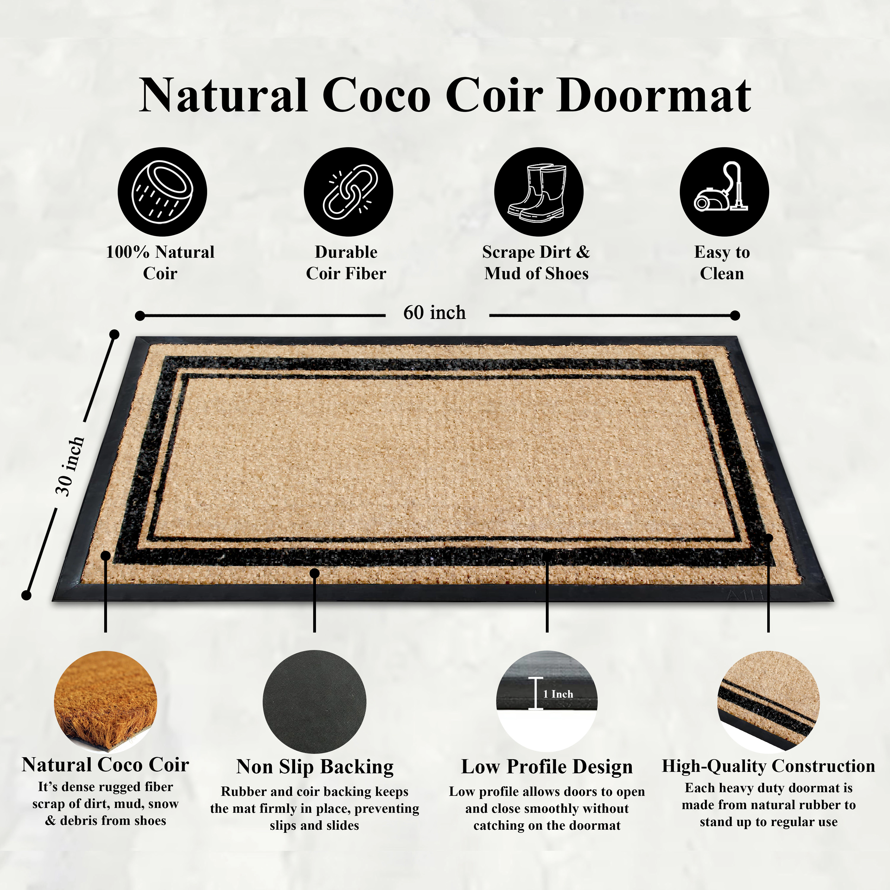 A1HC Coir and Rubber Door Mat 30x60 Inches Anti-Shed Fade-Resistant Markham Picture Frame Black