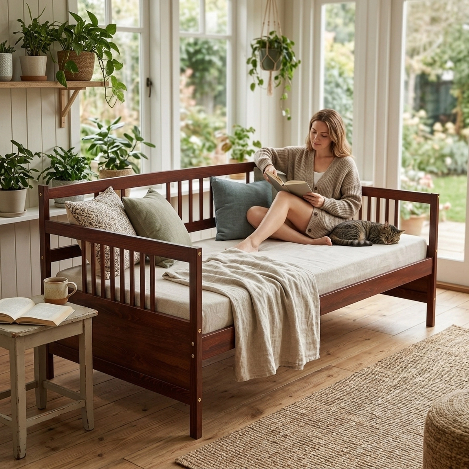 Twin Size Cherry Wood Daybed Frame with Back and Arm Rails Pine Sofa Bed with 10 Slats Fits Optional Pull-Out Trundle