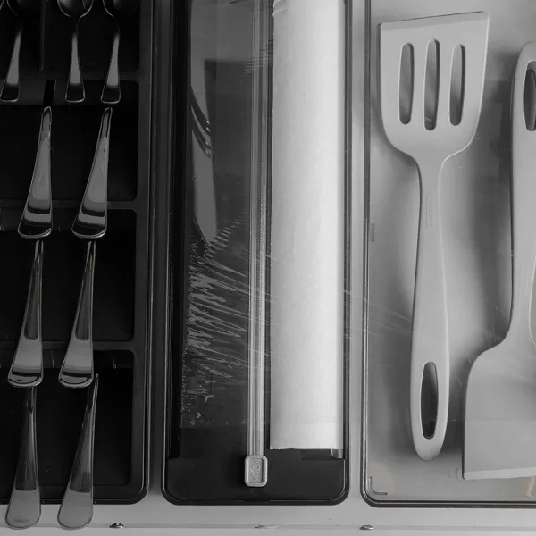 OU Aluminum Foil & Wrap Organizer w/ Cutter for 12" Roll, Kitchen Organizer, Plastic Dispenser