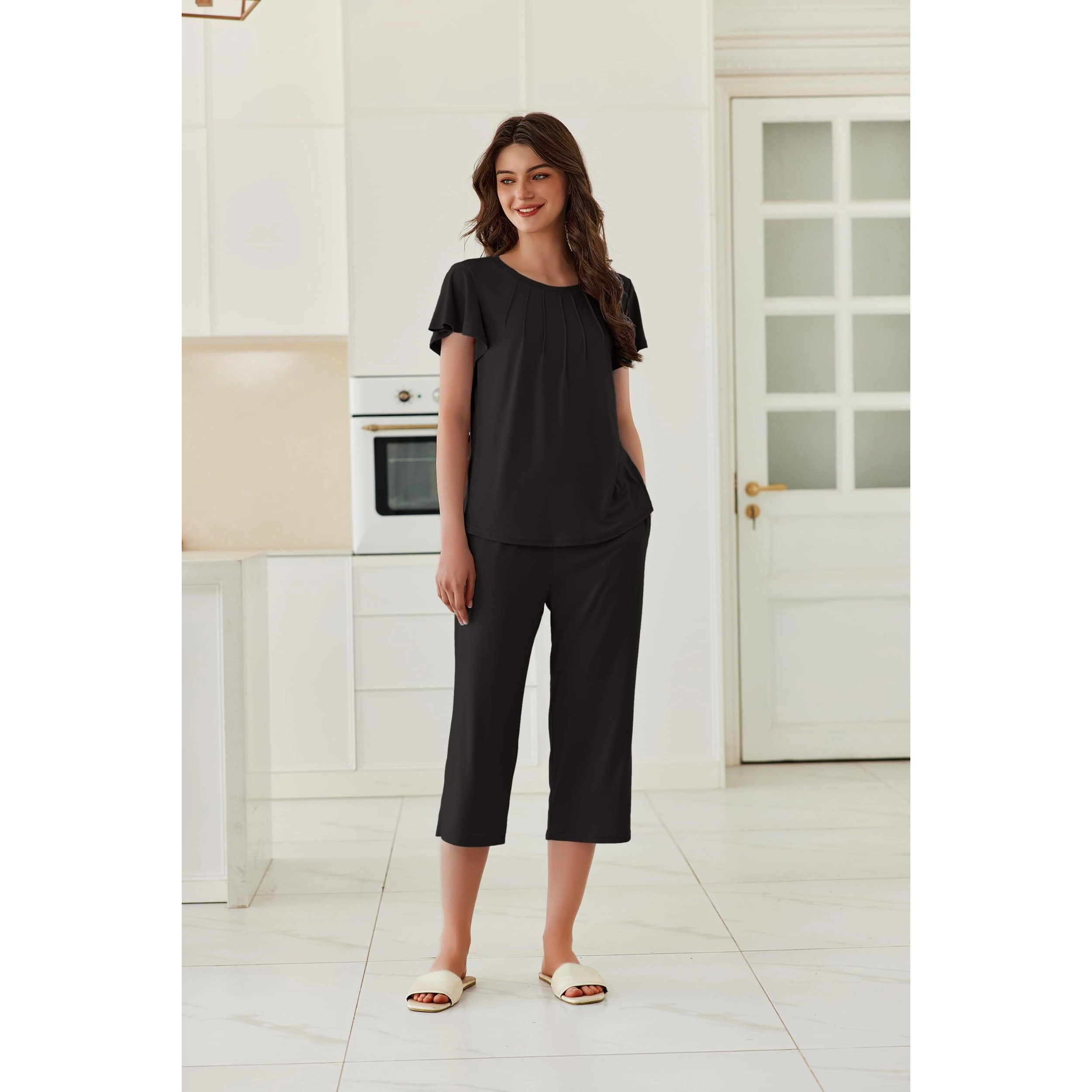 Ekouaer Capri Pajamas Set Women Ruffle Sleeve Top and Pants Soft Sleepwear Loungewear