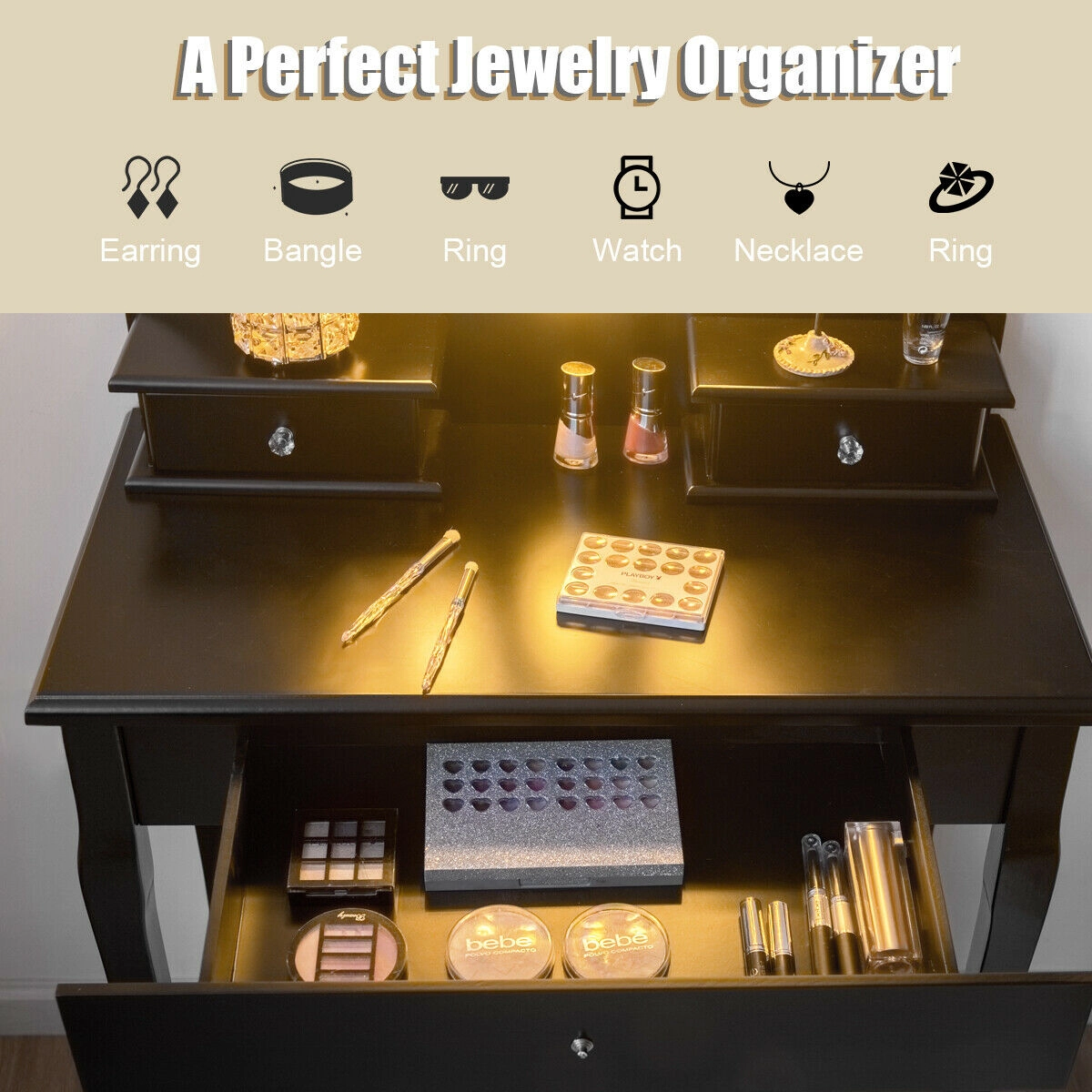 SUGIFT 3-Drawer Lighted Mirror Vanity Dressing Table and Stool Set with 360-Degree Rotating Oval Mirror Black