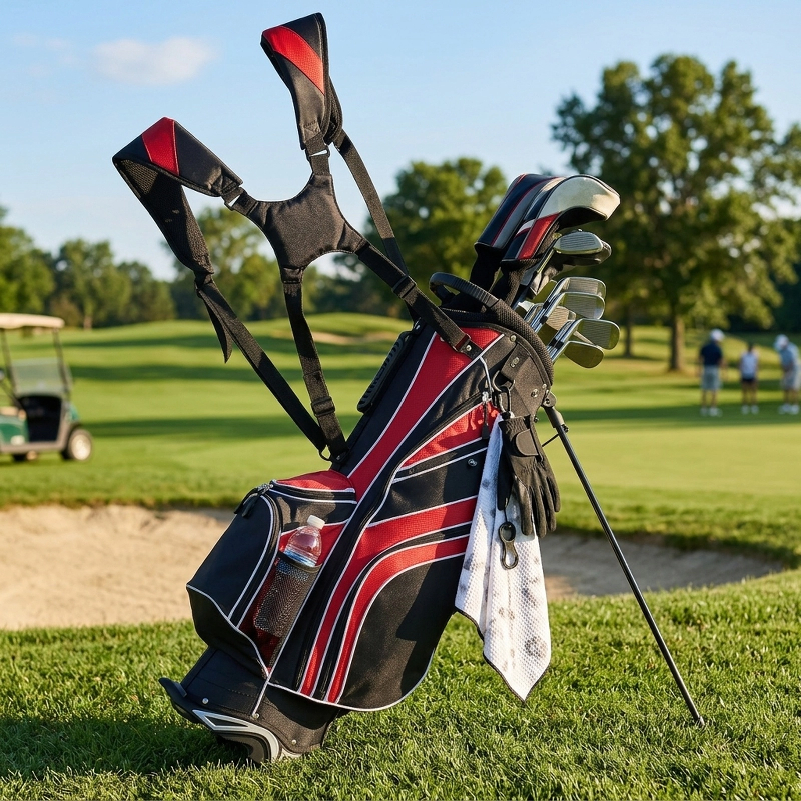 Golf Stand Carry Bag 6-Way Divider Top 8 Pockets Automatic Stand Legs Padded Dual Straps Red Lightweight