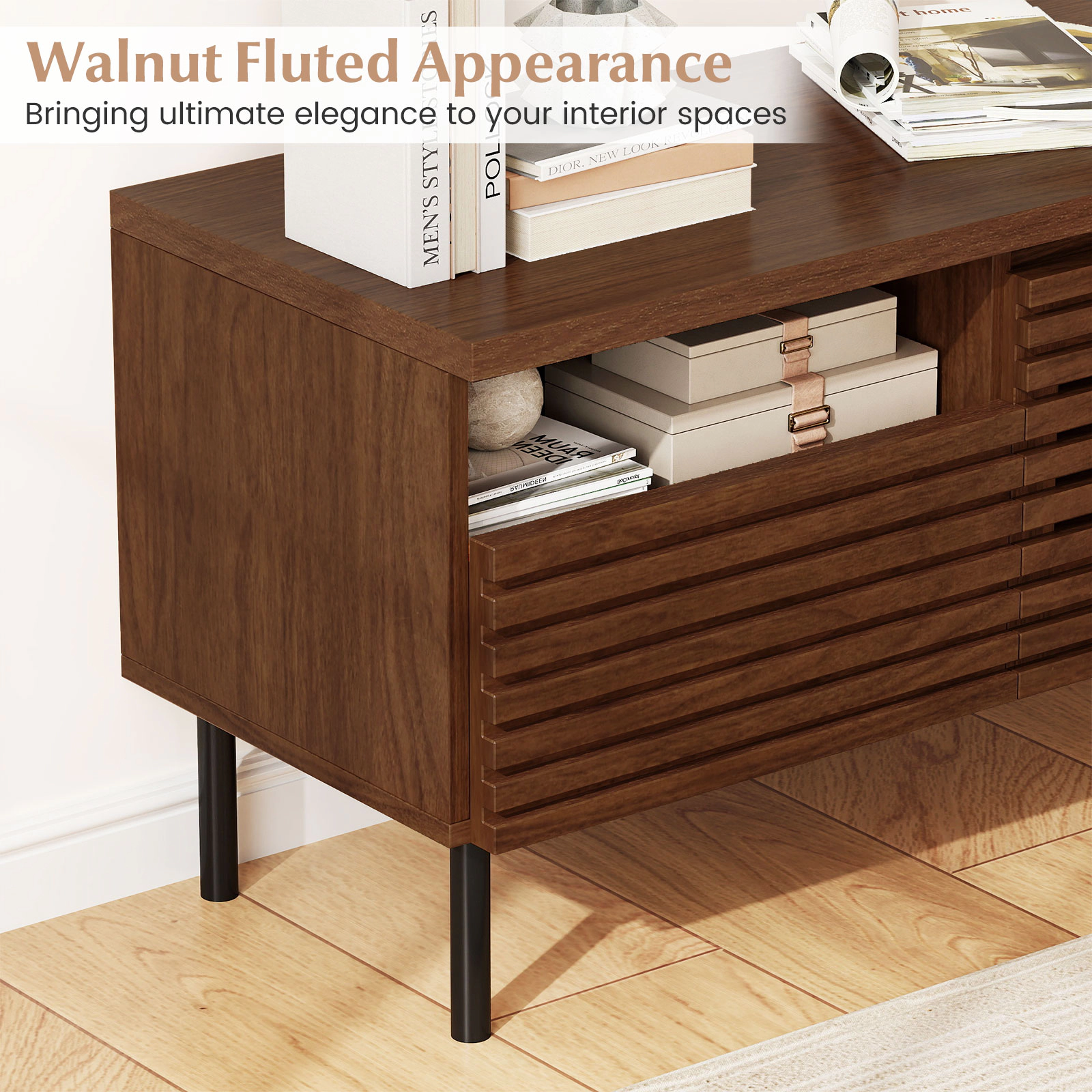 Glintex 35.5-Inch Fluted TV Stand with Drawer and Hidden Cable Hole, Walnut