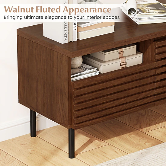 SUGIFT 40-Inch Walnut Fluted TV Stand with Drawer, Cabinet and